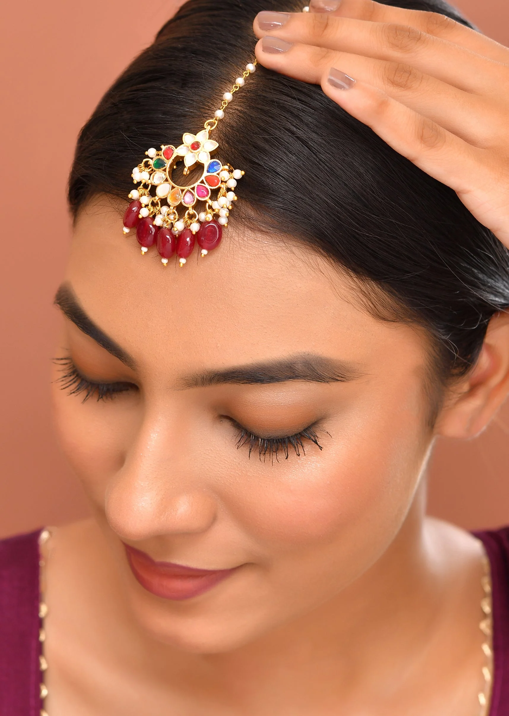 Red Multi Colored Earrings With Pachi Kundan