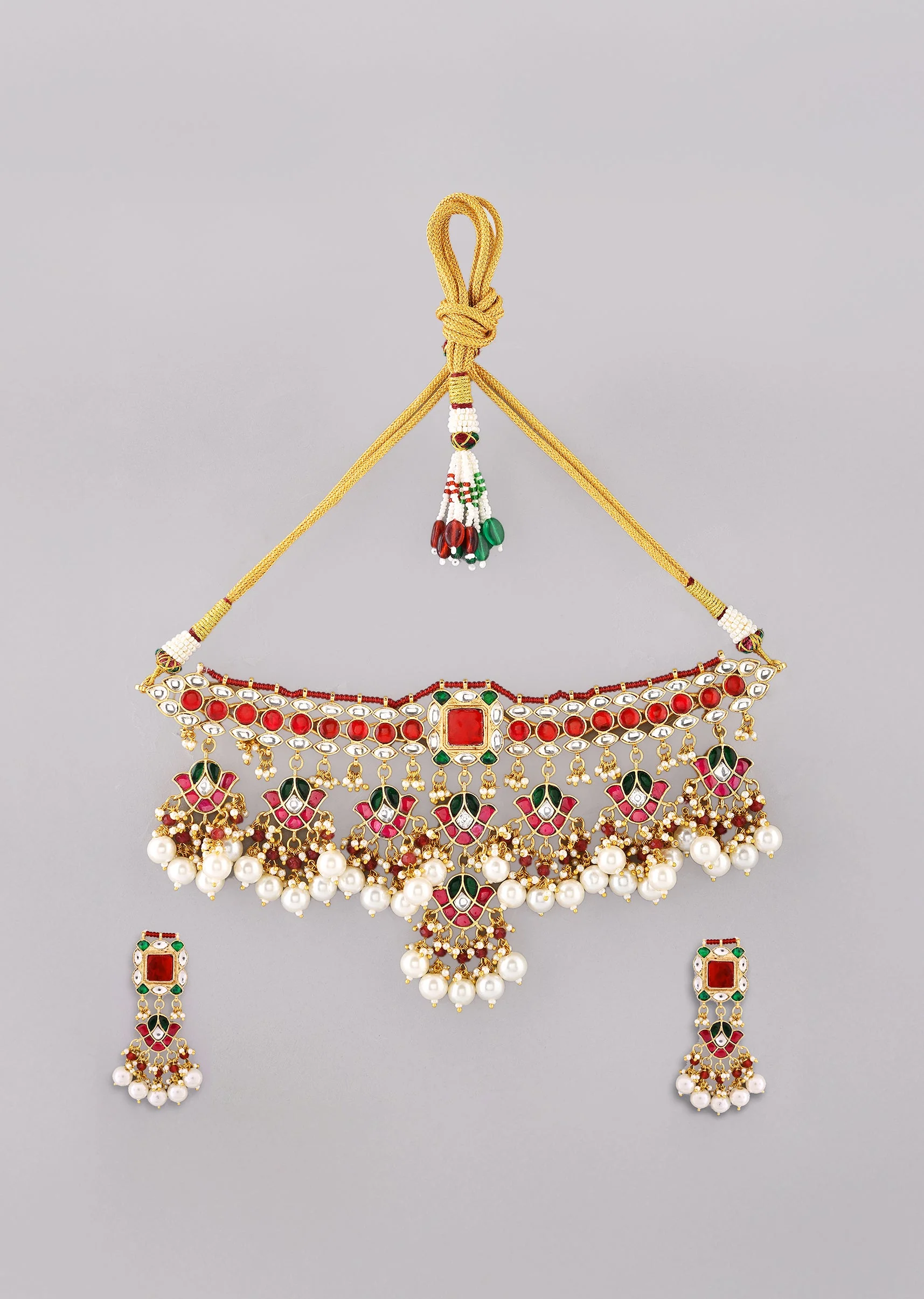 Red Multi Necklace Set With Pachi Kundan - Image 2