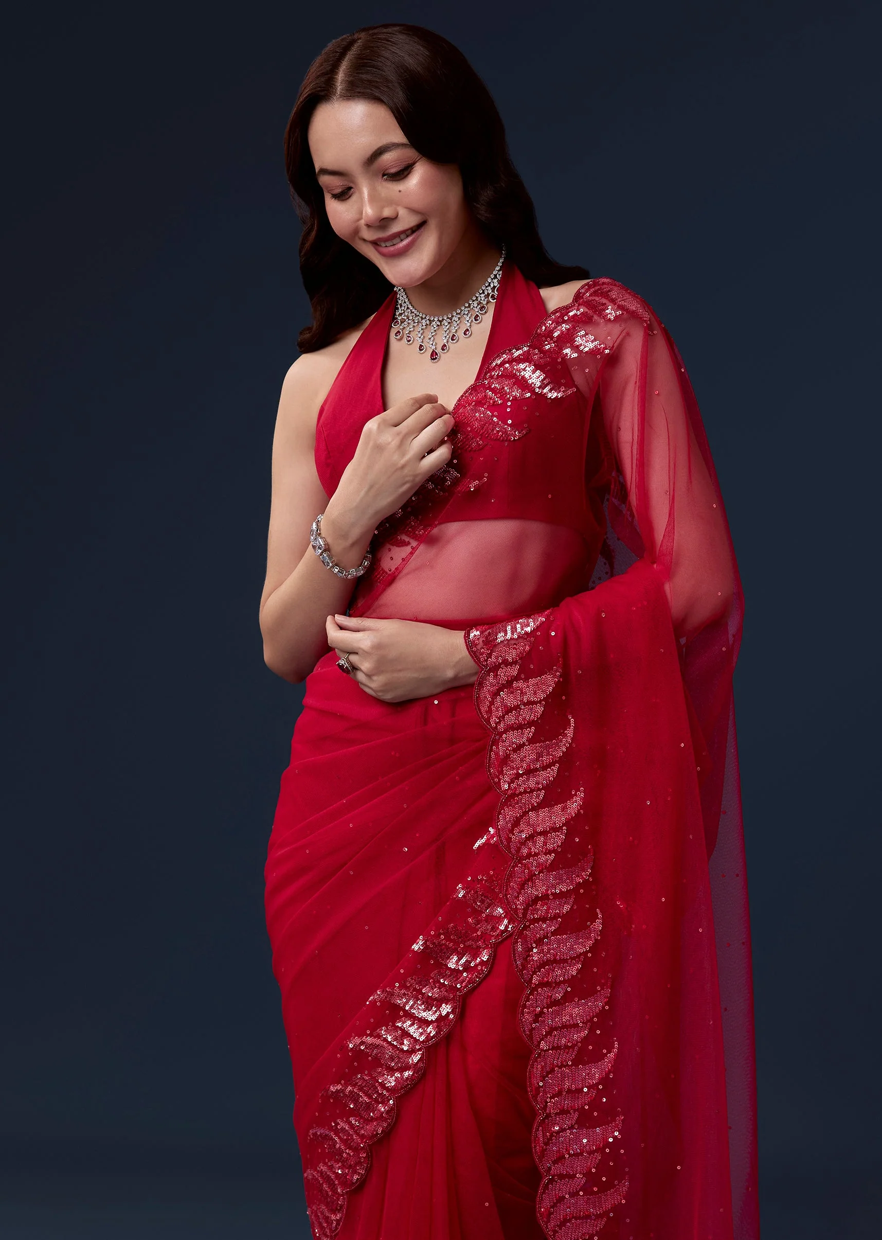 Red Net Saree With Beads And Sequin Embroidery - Image 5