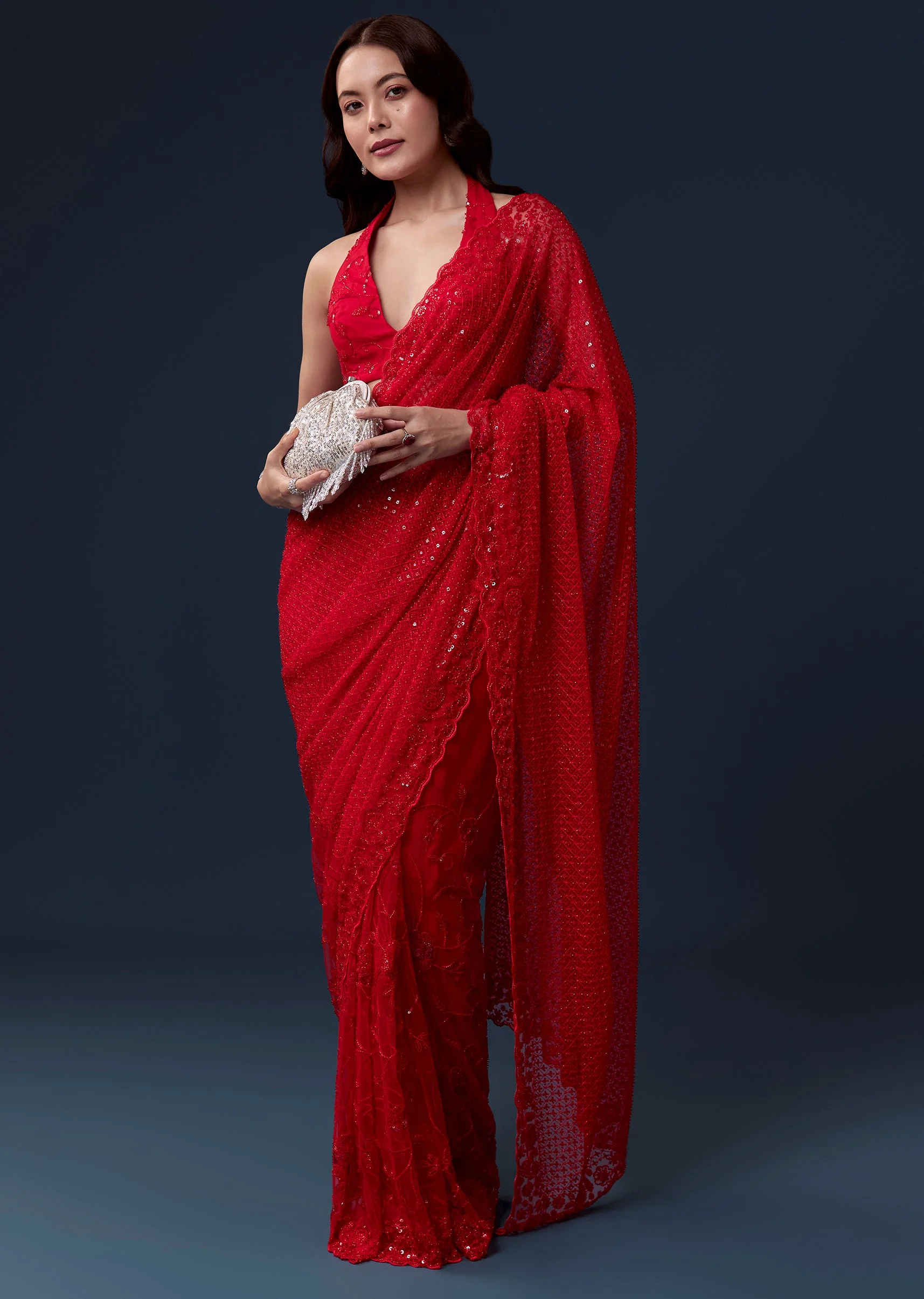Red Net Saree With Cutdana Beads And Sequin Embroidery - Image 2