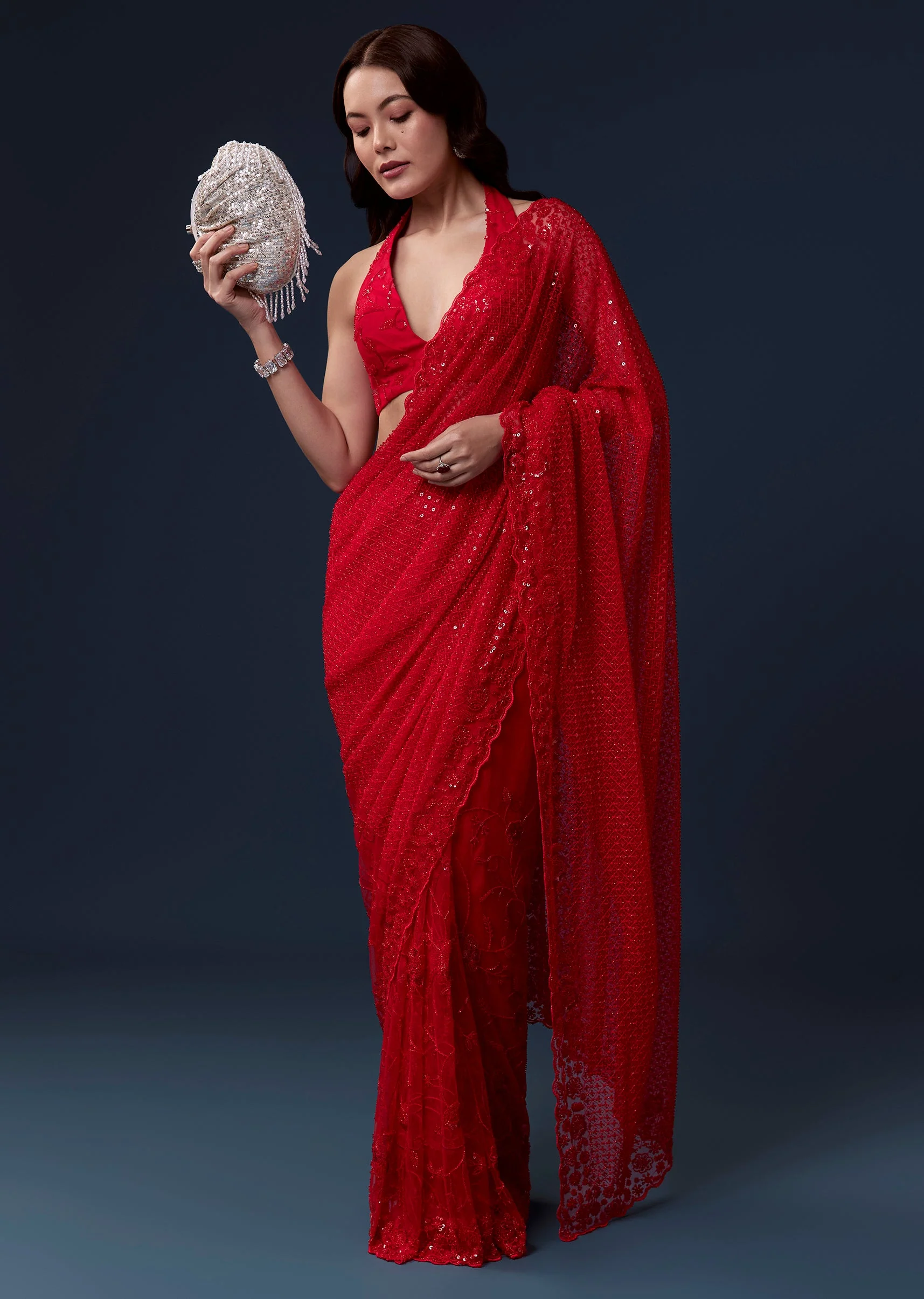 Red Net Saree With Cutdana Beads And Sequin Embroidery - Image 5