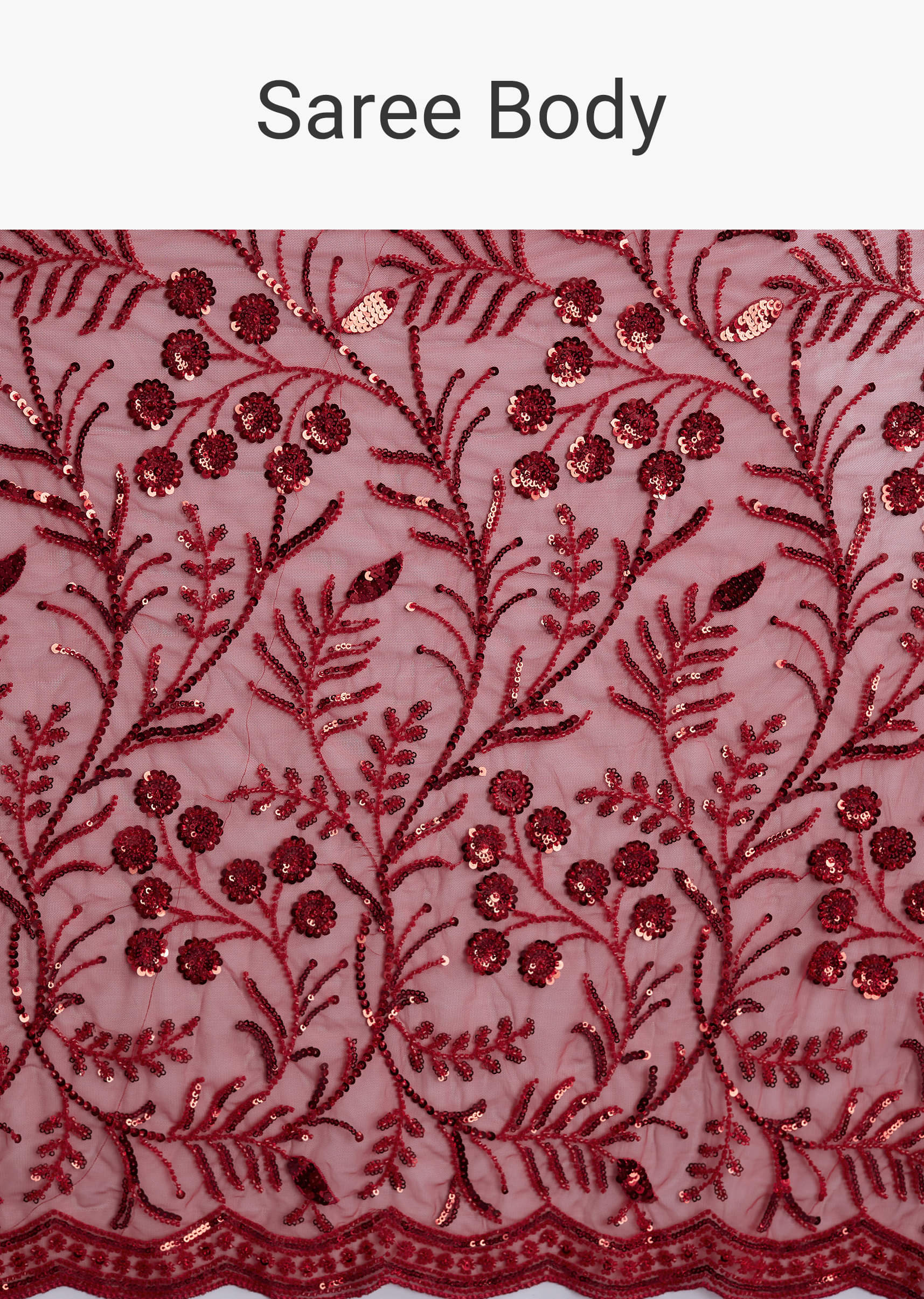 Red Net Saree With Floral Sequins Embroidery - Image 9