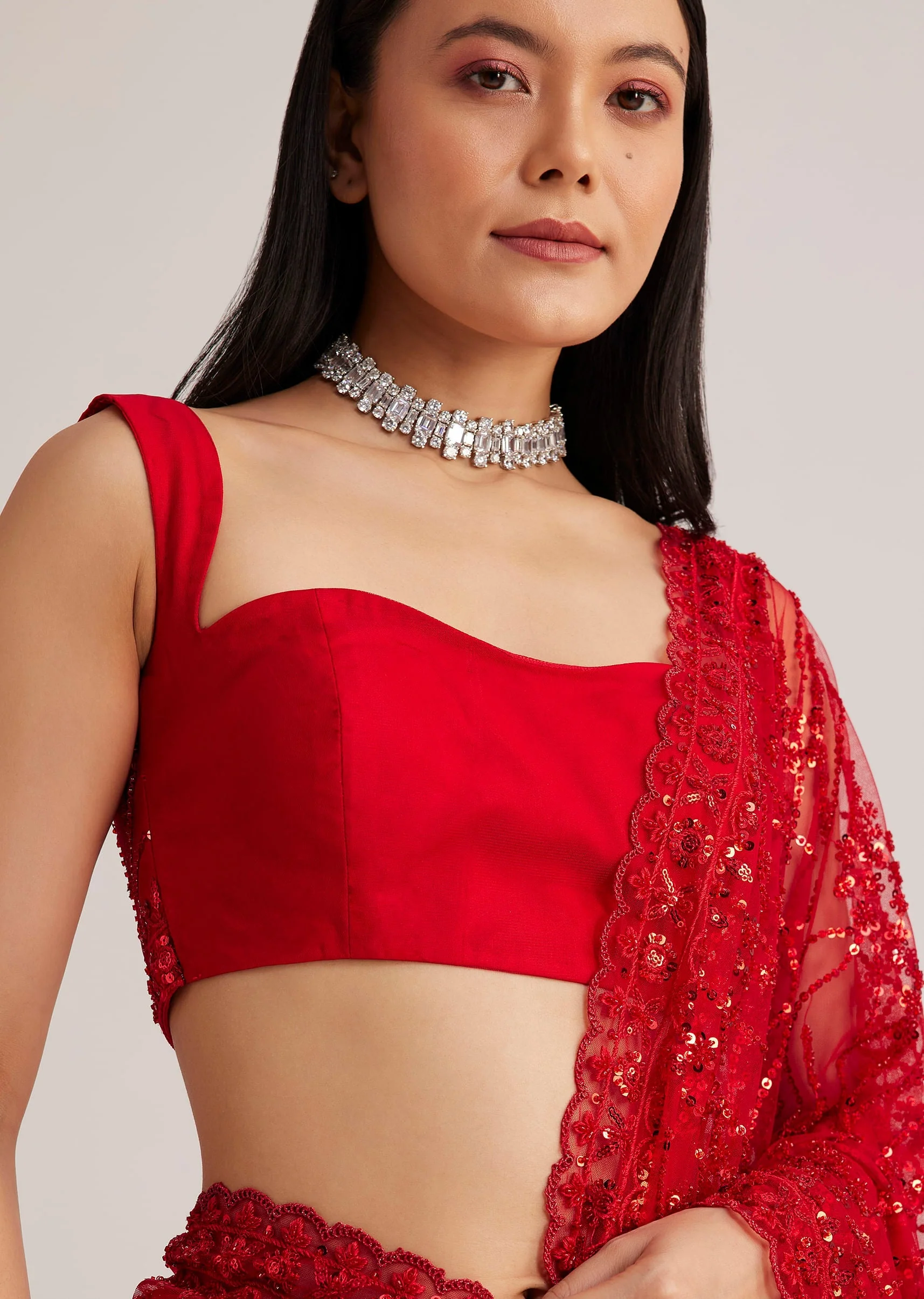 Red Net Saree With Sequins And Stone Detailing - Image 2
