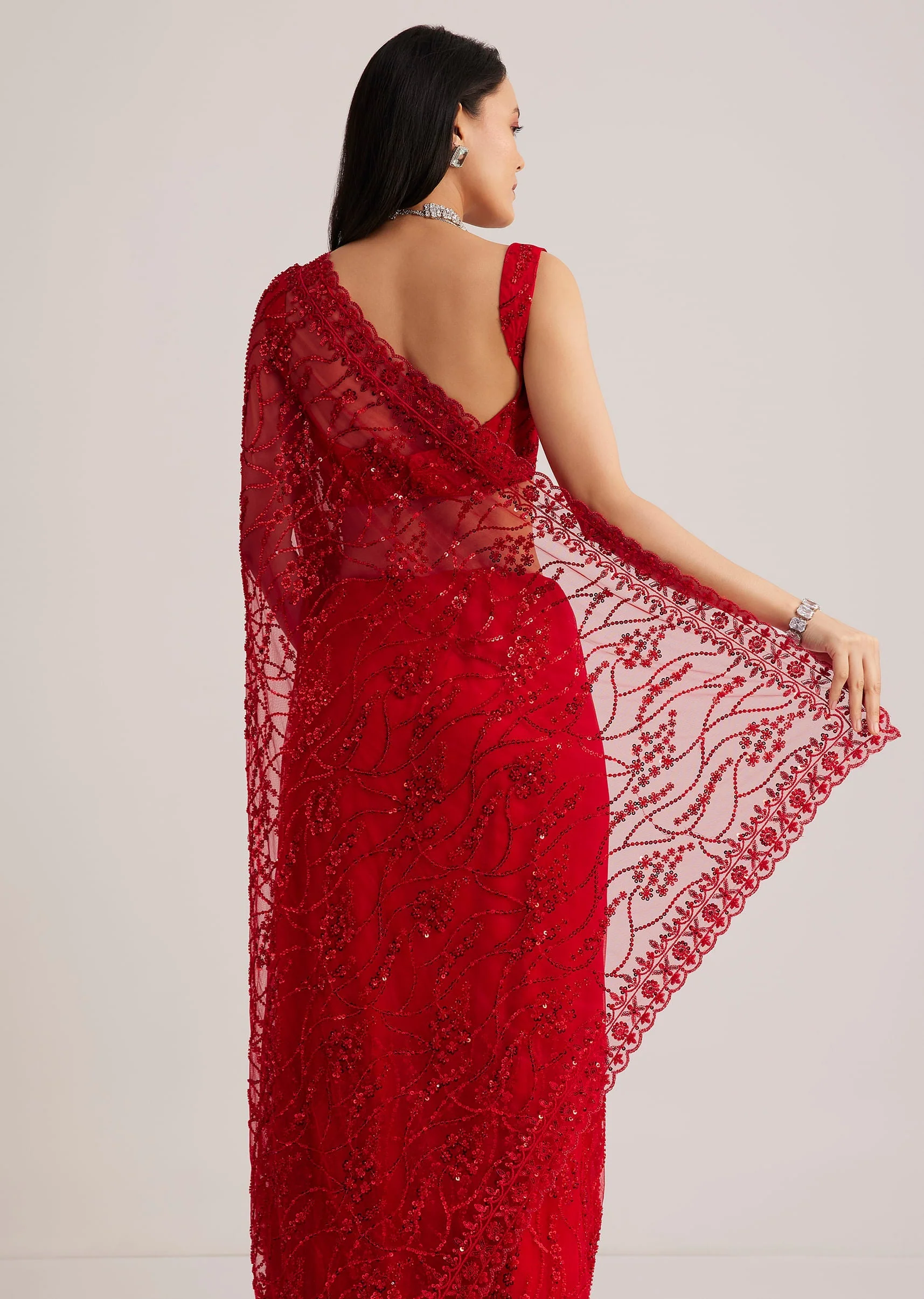 Red Net Saree With Sequins And Stone Detailing - Image 4