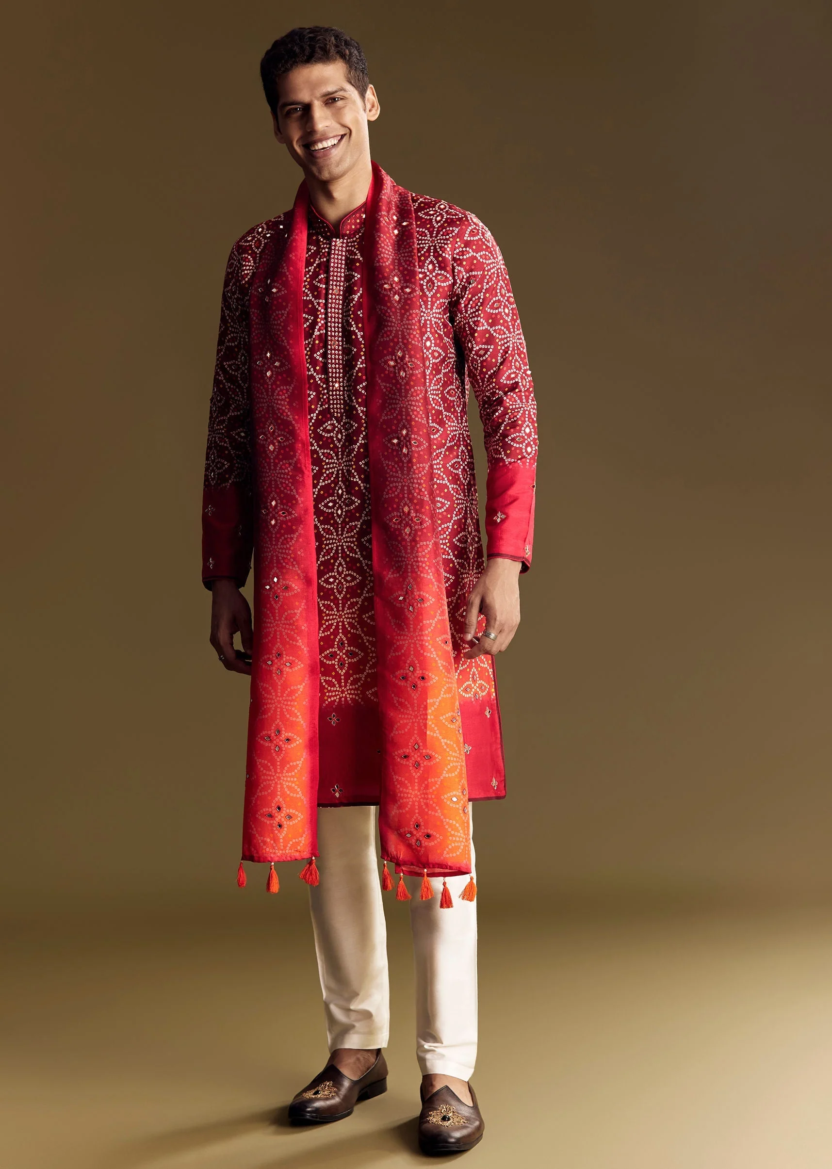 Red Ombre Kurta Set With Detailed Mirror Work