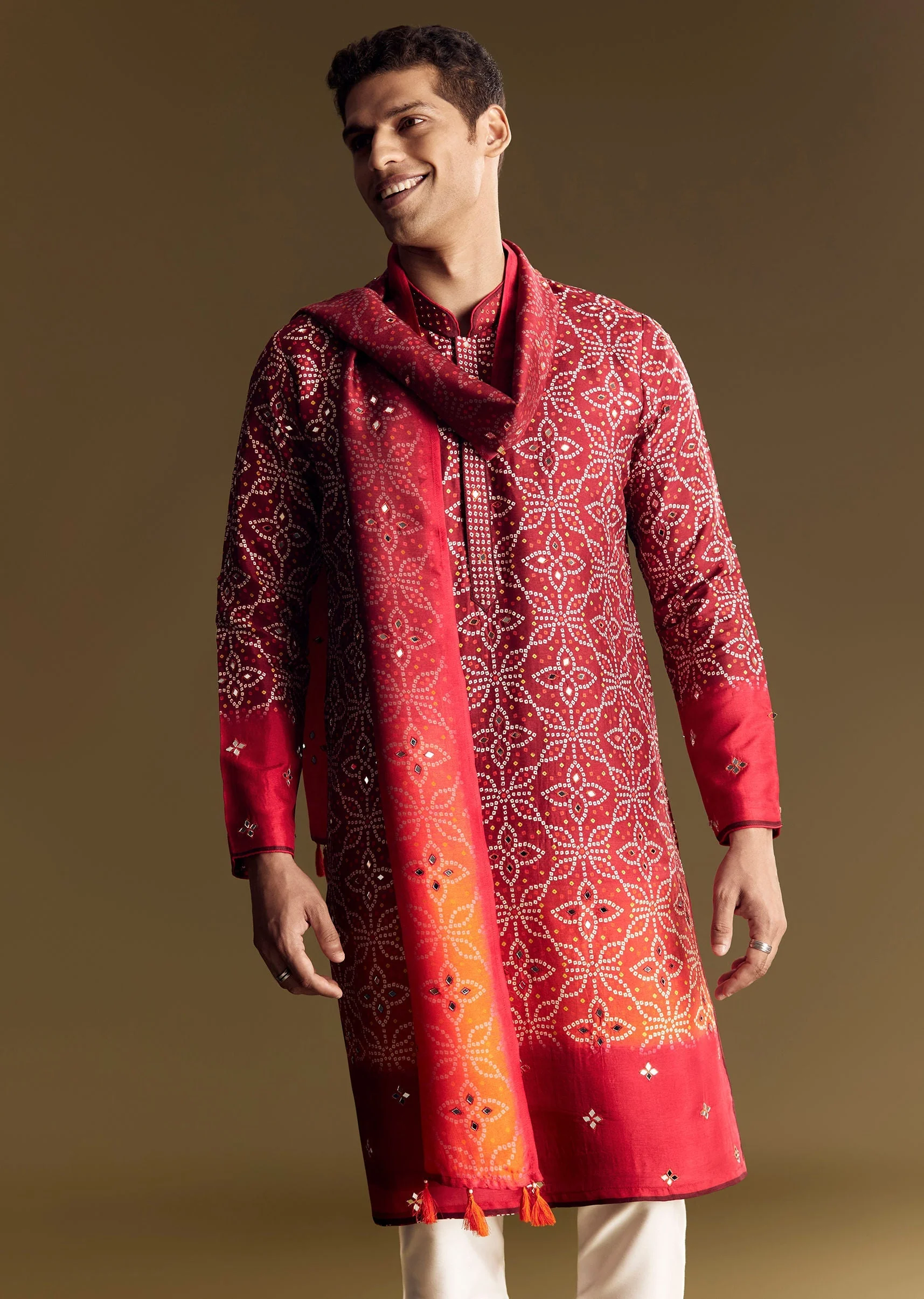 Red Ombre Kurta Set With Detailed Mirror Work - Image 4
