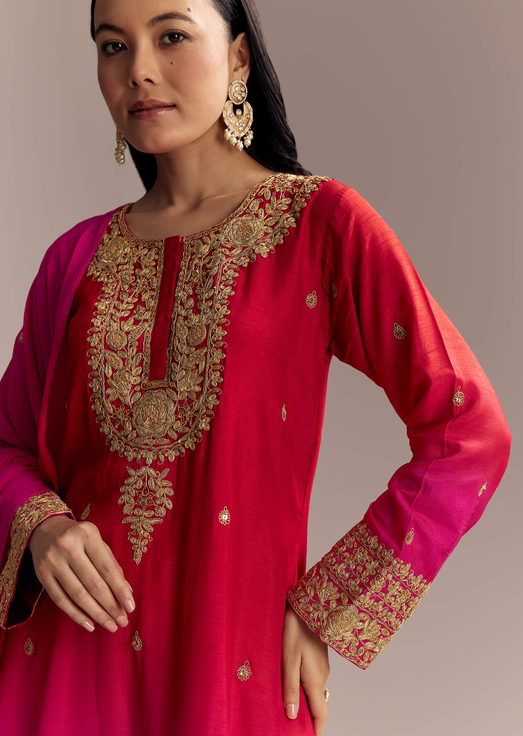 Red Ombre Silk Anarkali Suit With Zari Work - Image 2