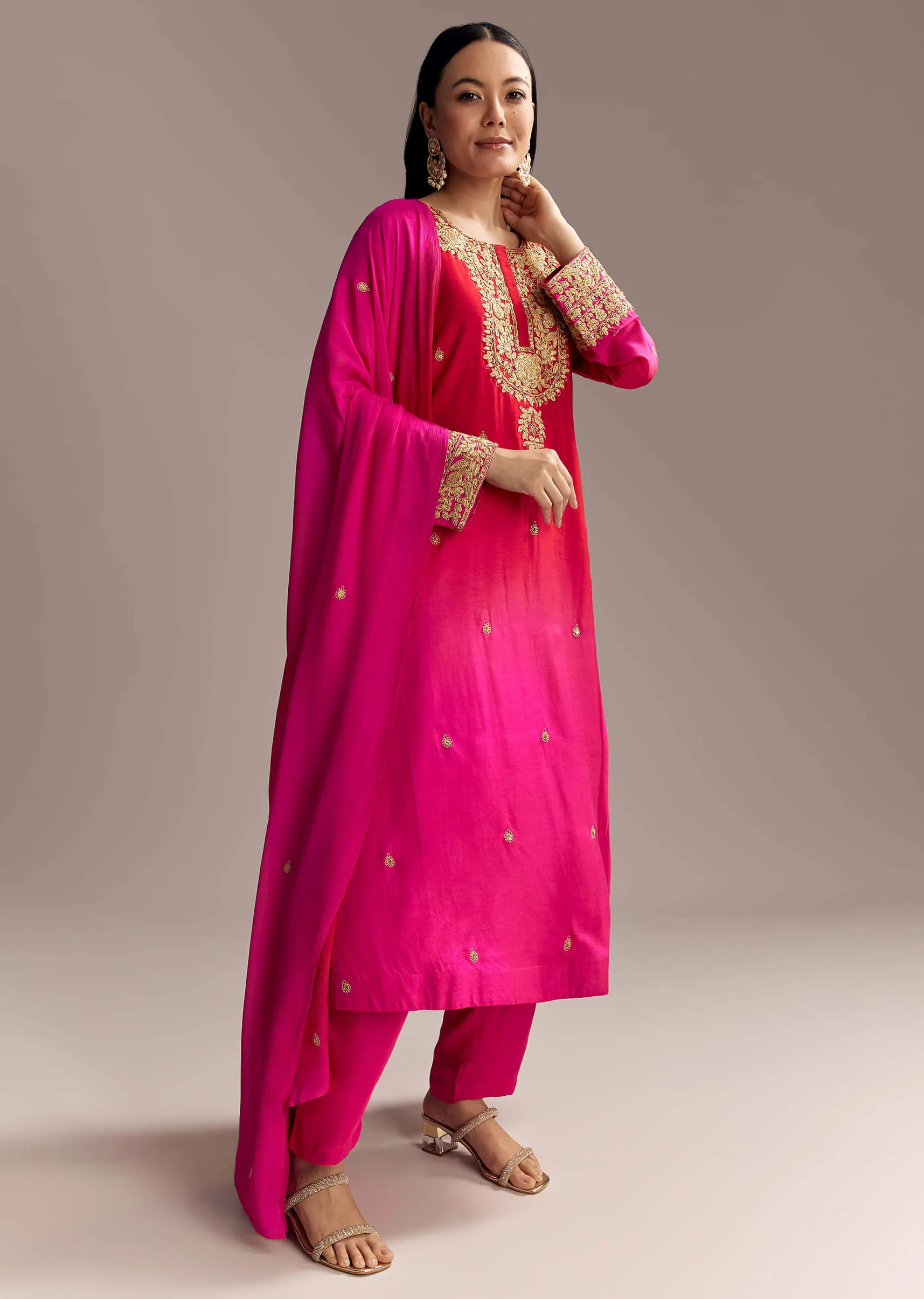 Red Ombre Silk Anarkali Suit With Zari Work - Image 3