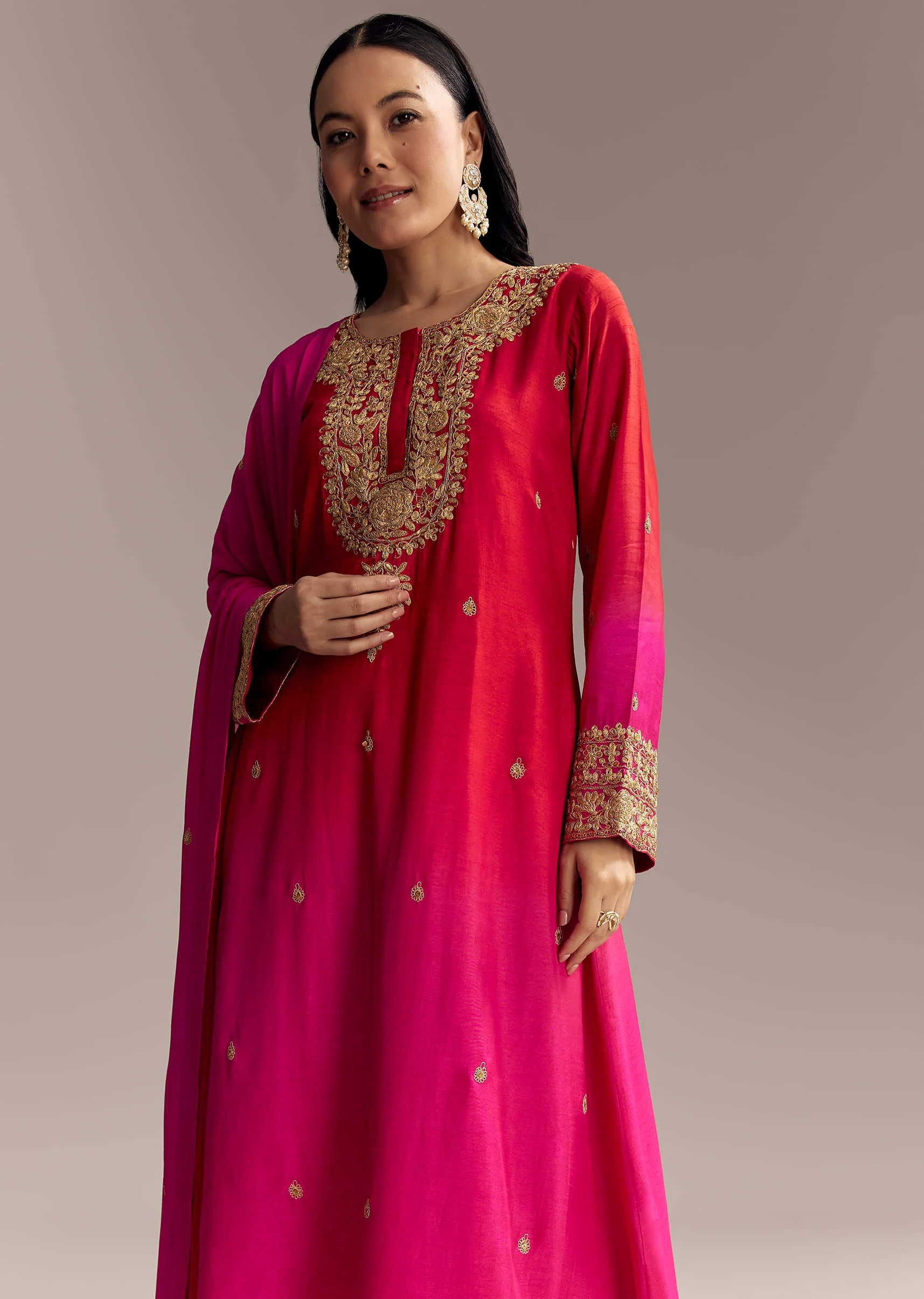 Red Ombre Silk Anarkali Suit With Zari Work - Image 4