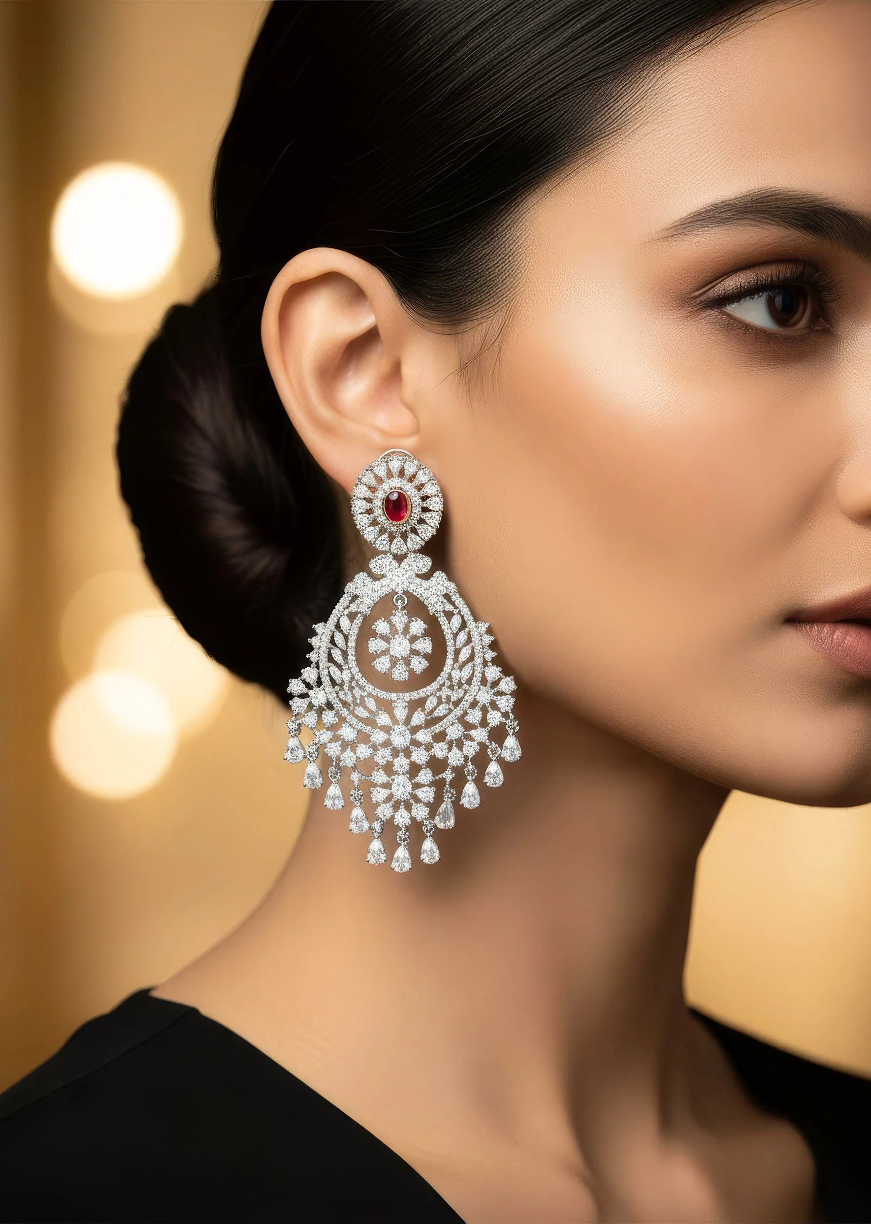 Red Onyx and cubic Zircon Chandelier Earrings