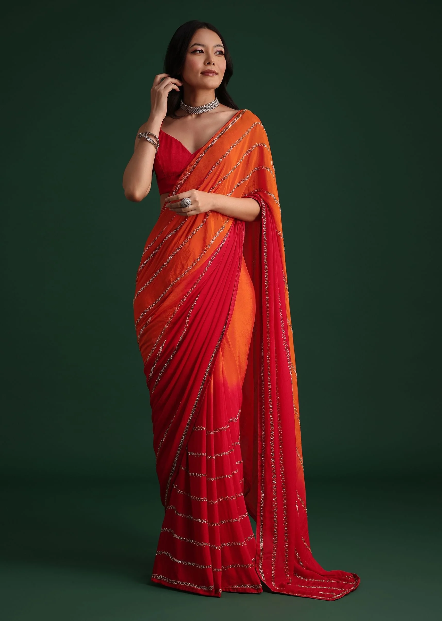 Red Orange Dual Tone Chinon Heavy Embroidered Saree - Image 3