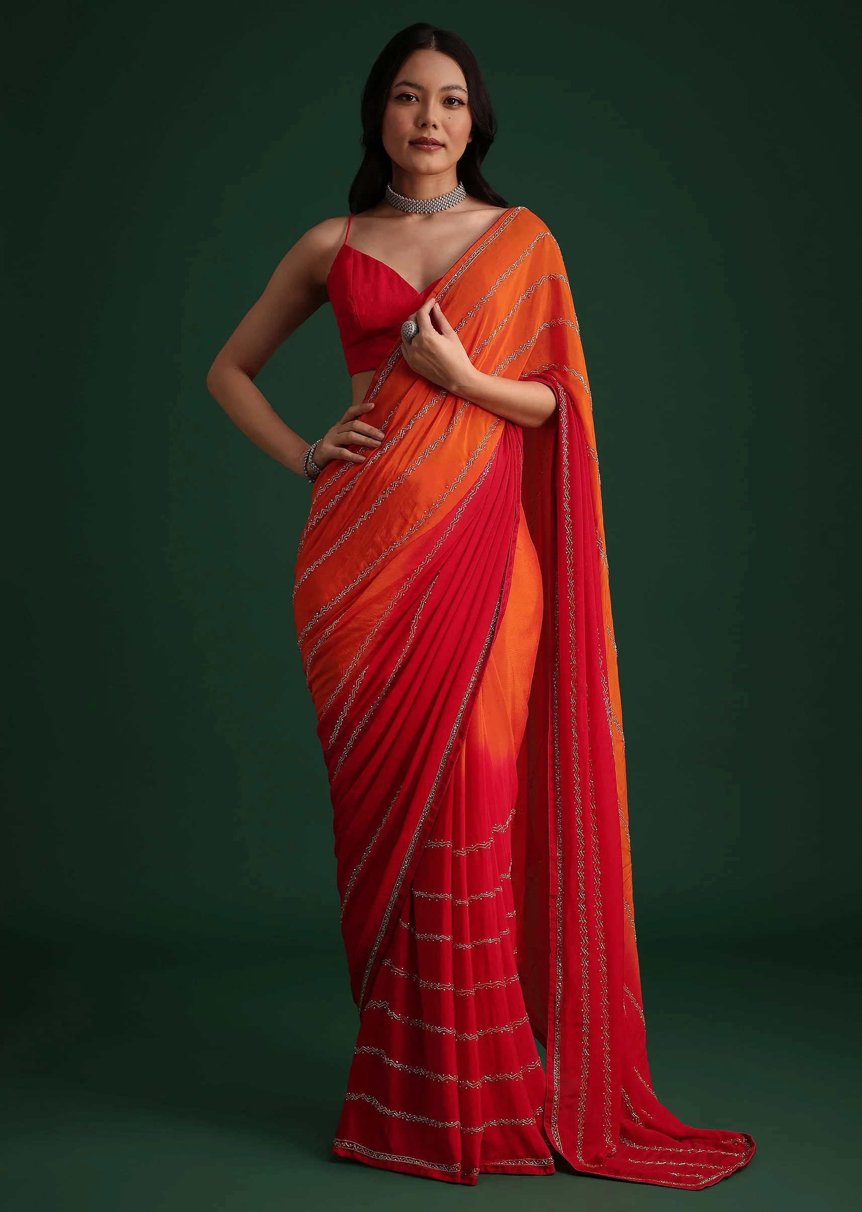 Red Orange Dual Tone Chinon Heavy Embroidered Saree - Image 4
