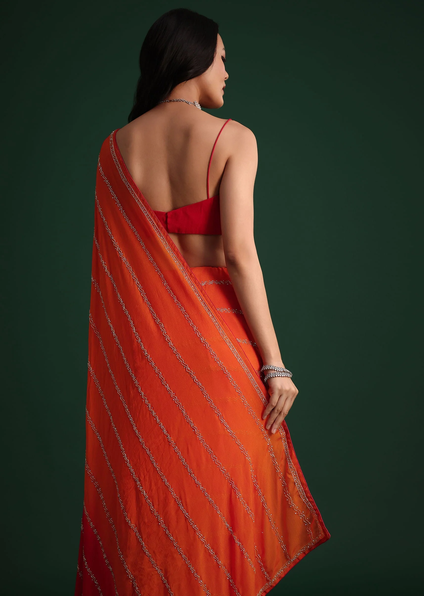 Red Orange Dual Tone Chinon Heavy Embroidered Saree - Image 5