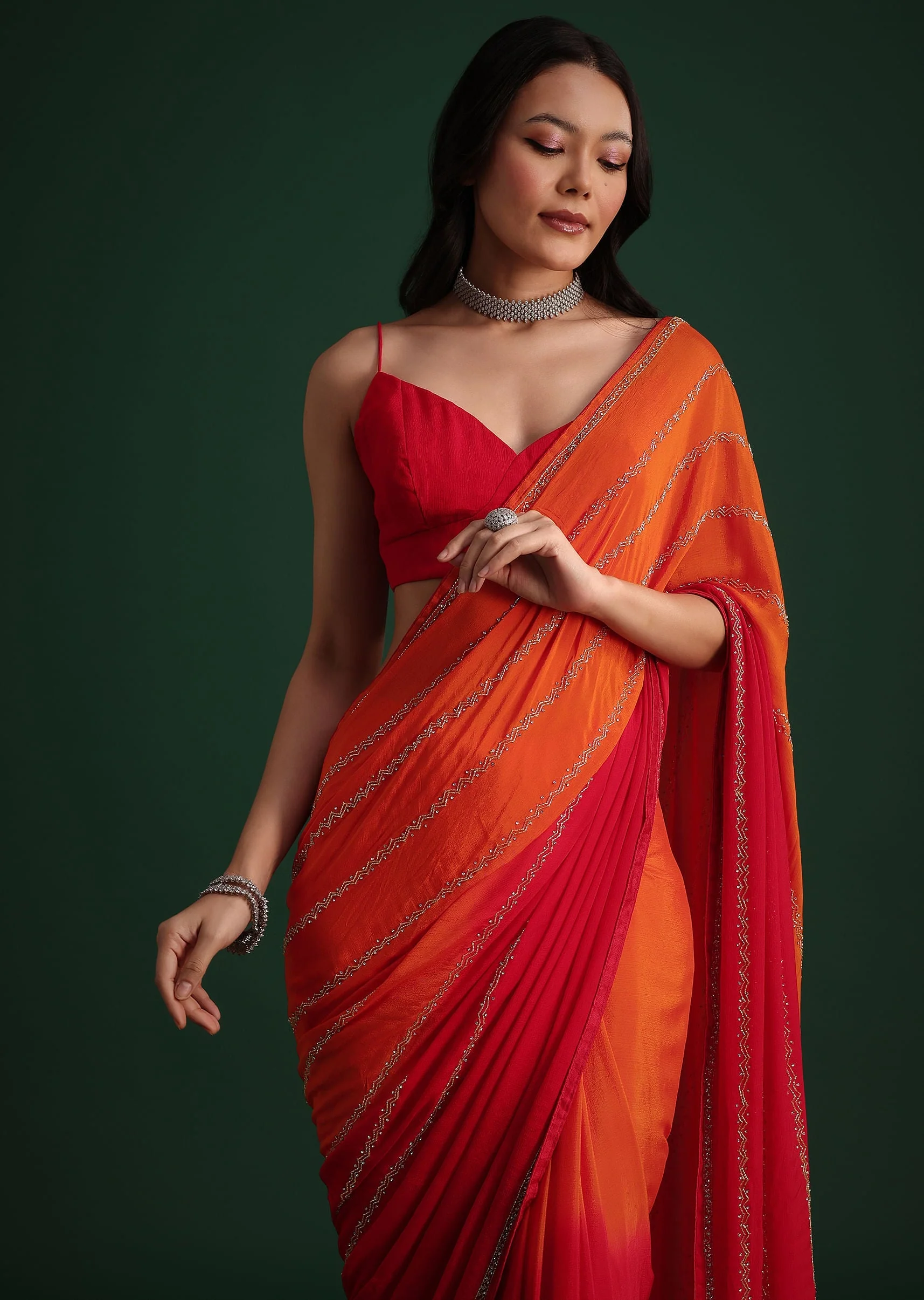 Red Orange Dual Tone Chinon Heavy Embroidered Saree - Image 6
