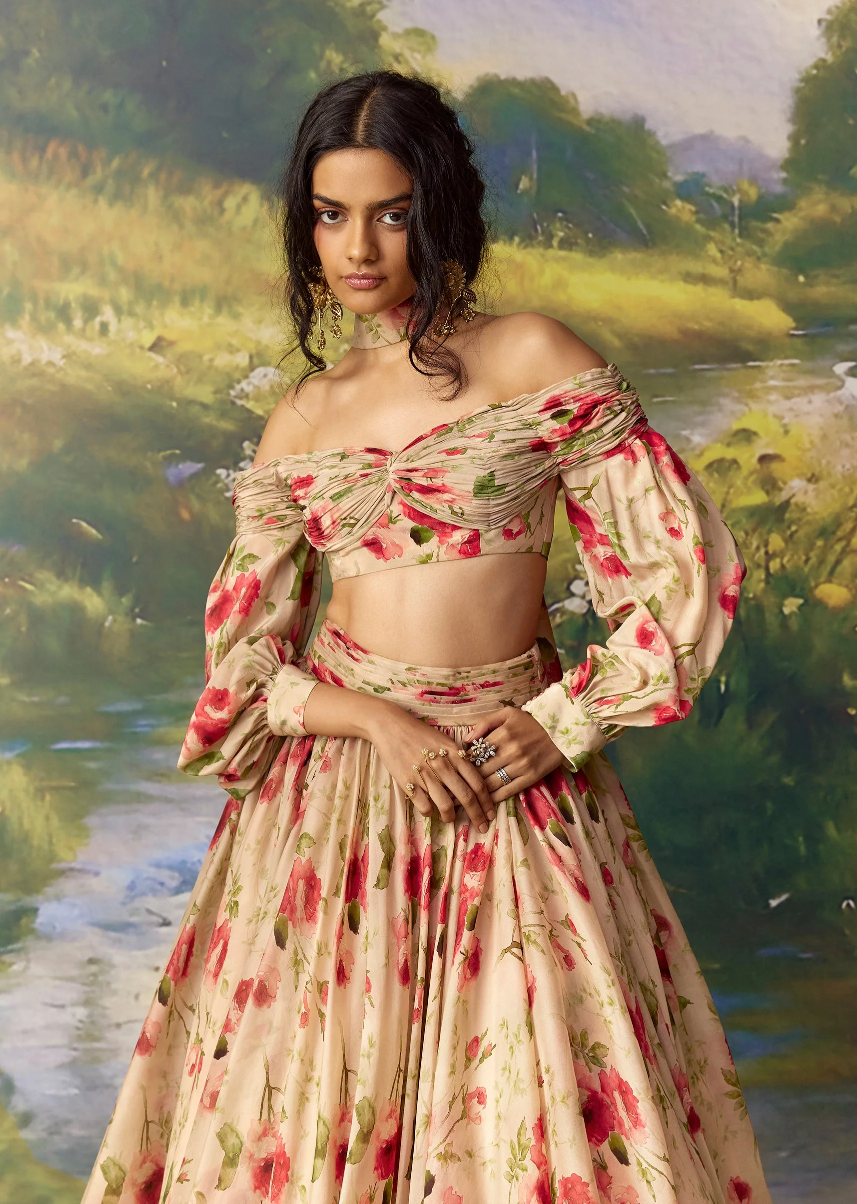 Red Organza Bridesmaid Lehenga Set with Fancy Sleeves - Image 5