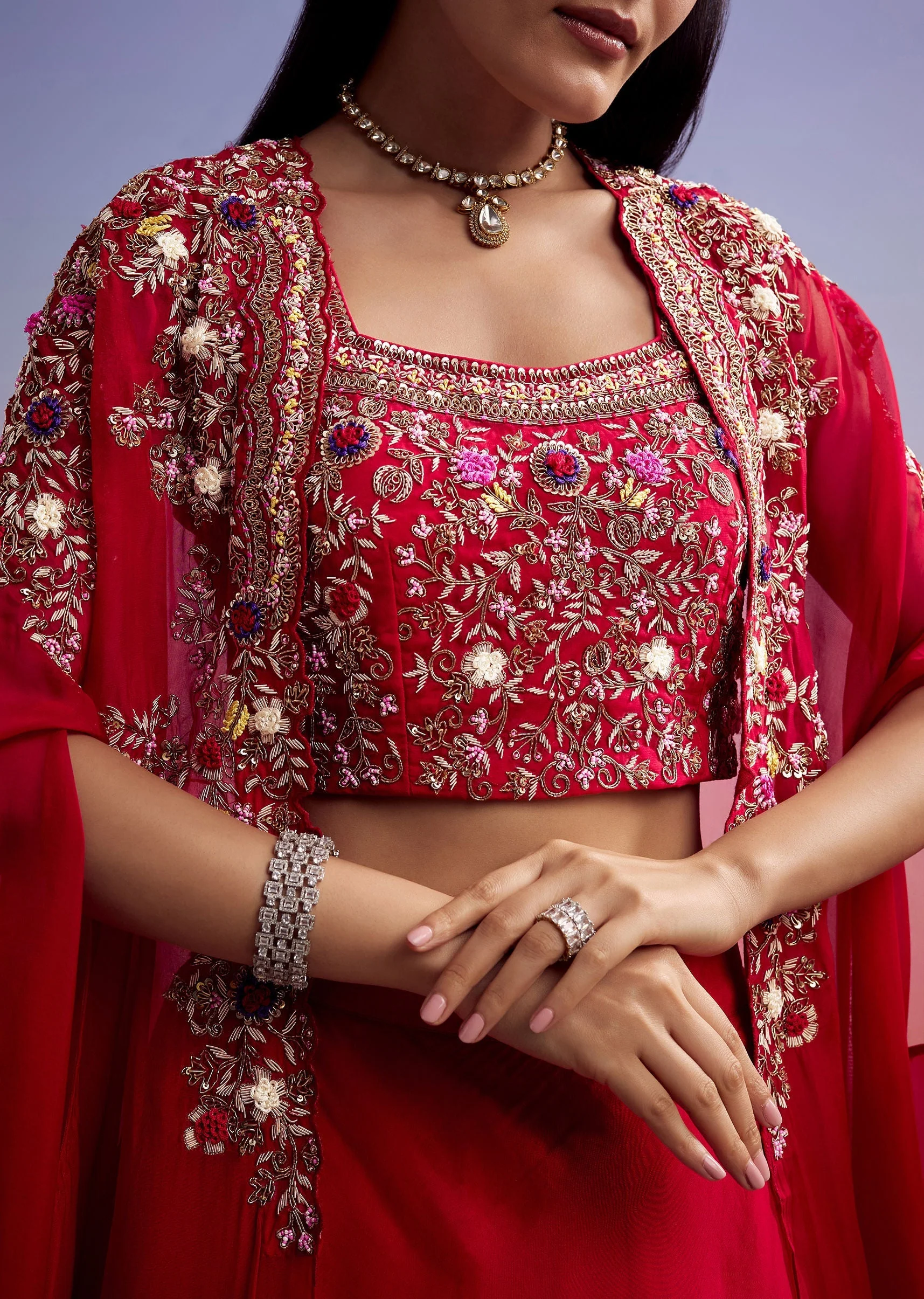 Red Organza Crop Top And Skirt Set With Embroidered Cape - Image 3