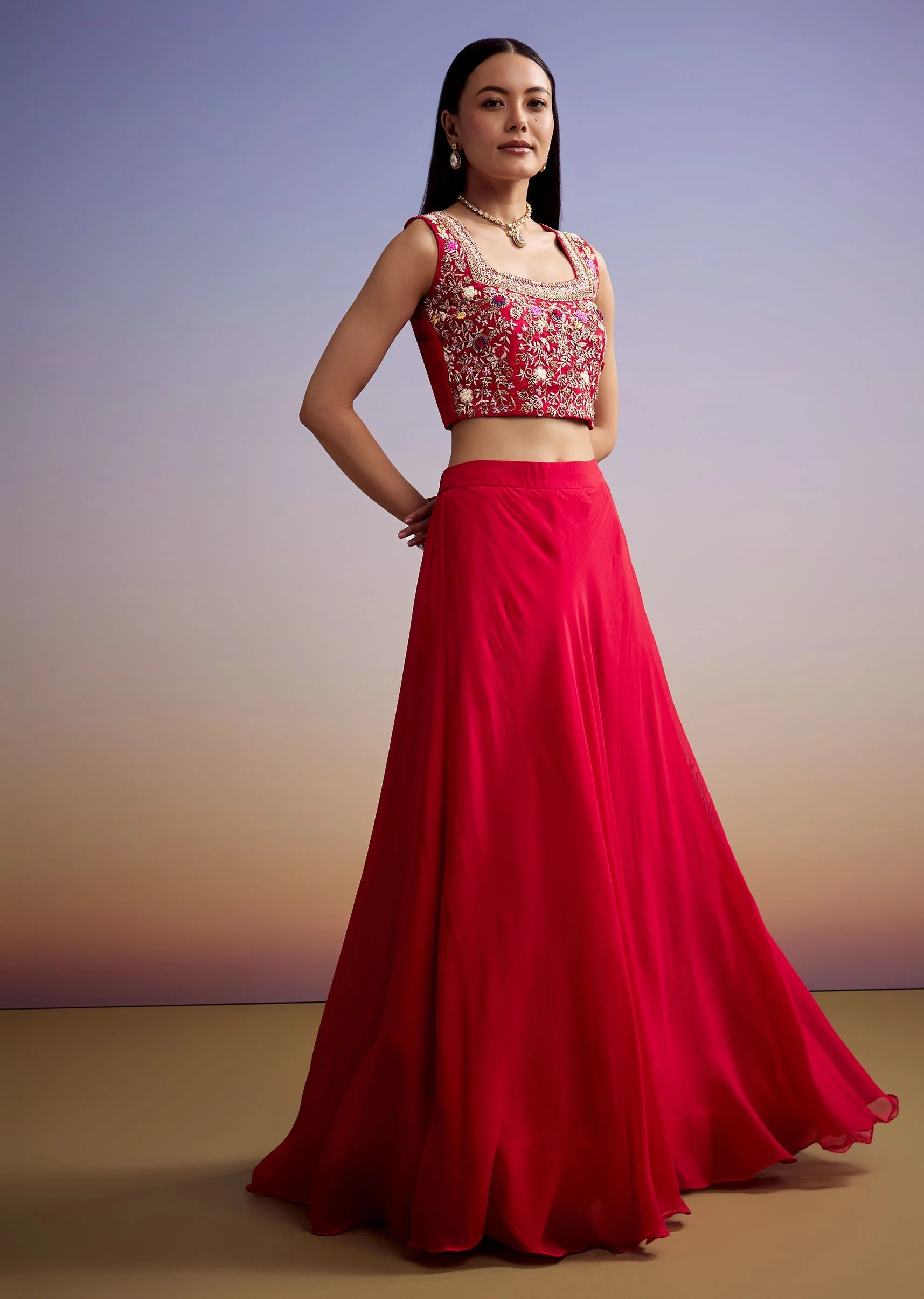 Red Organza Crop Top And Skirt Set With Embroidered Cape - Image 6