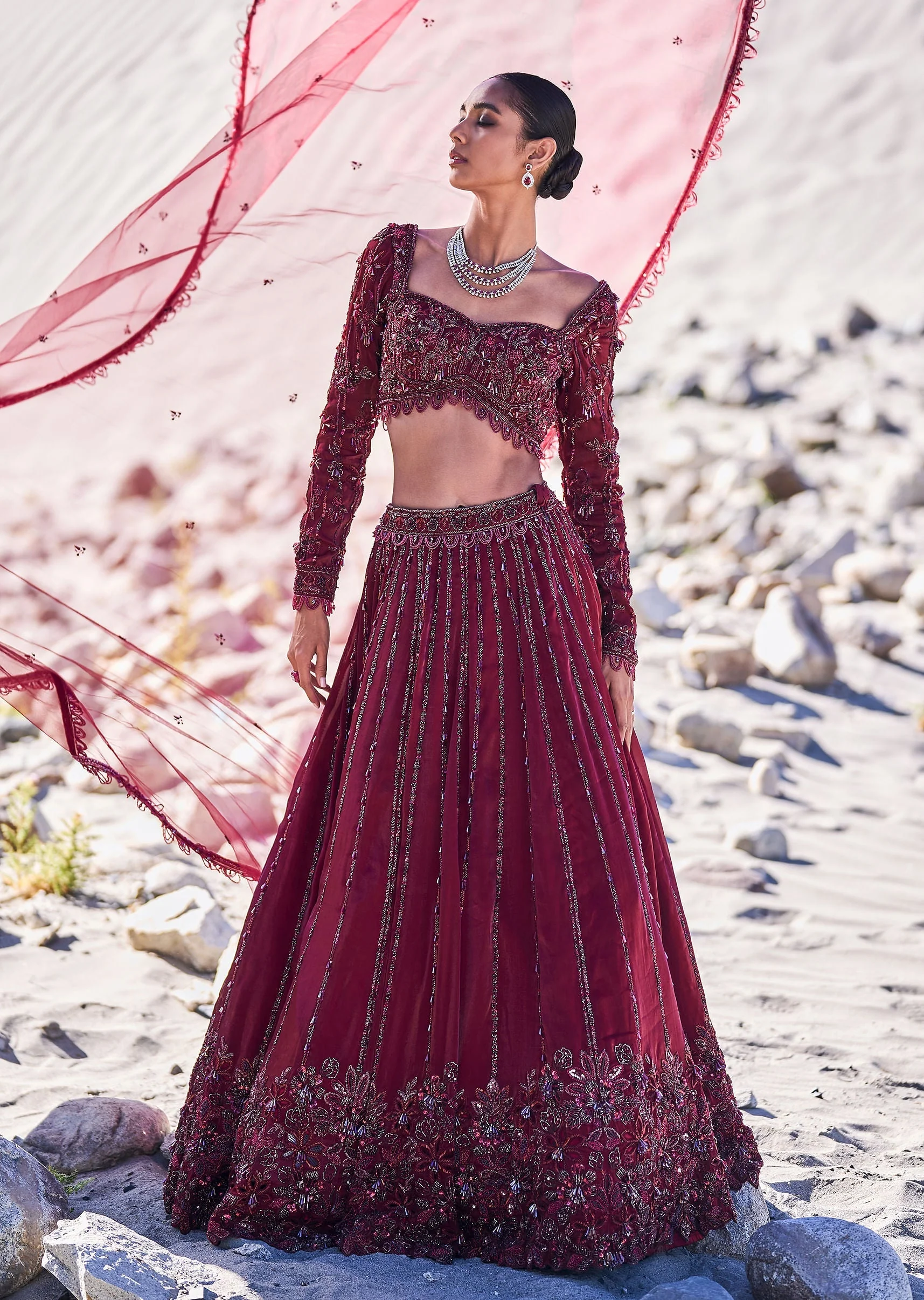 Red Organza Embroidered 12 Kali Lehenga And Blouse With Dupatta