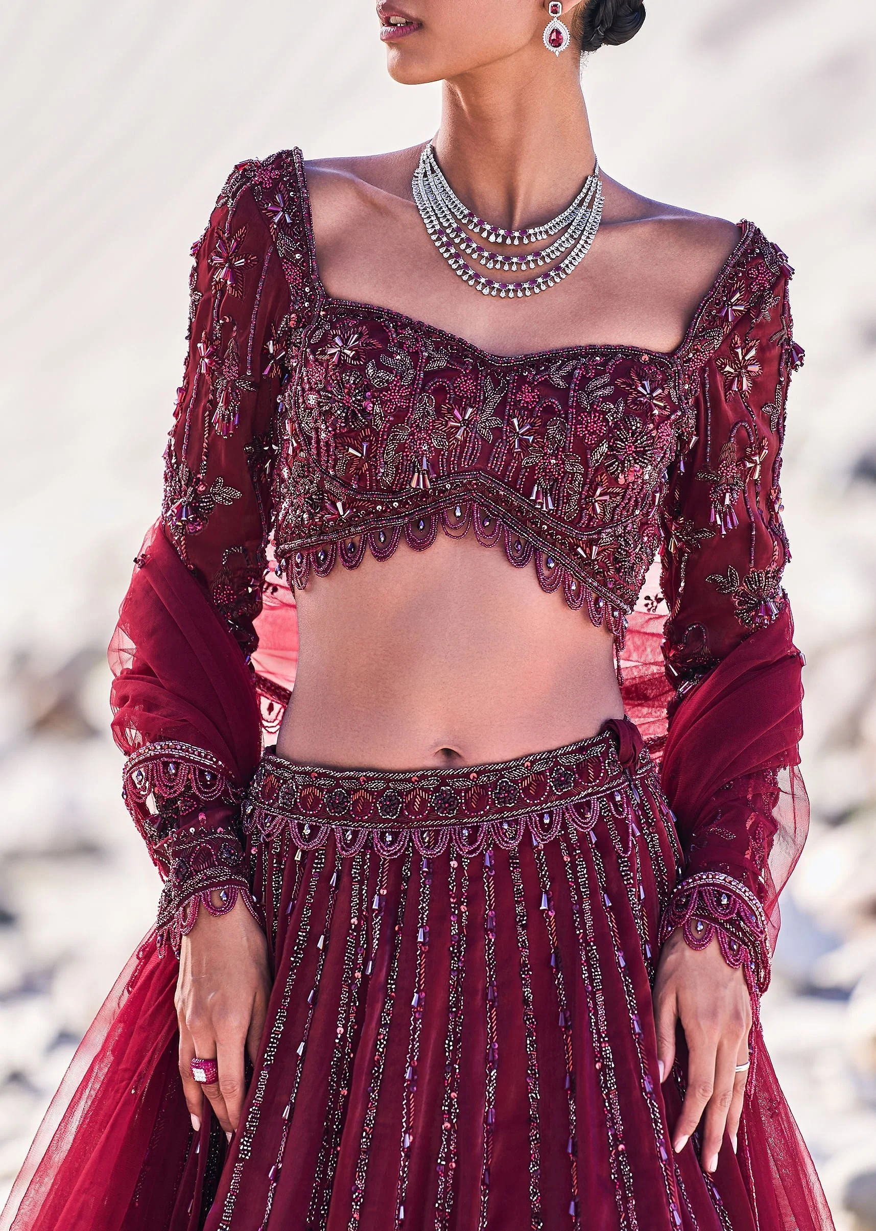 Red Organza Embroidered 12 Kali Lehenga And Blouse With Dupatta - Image 2