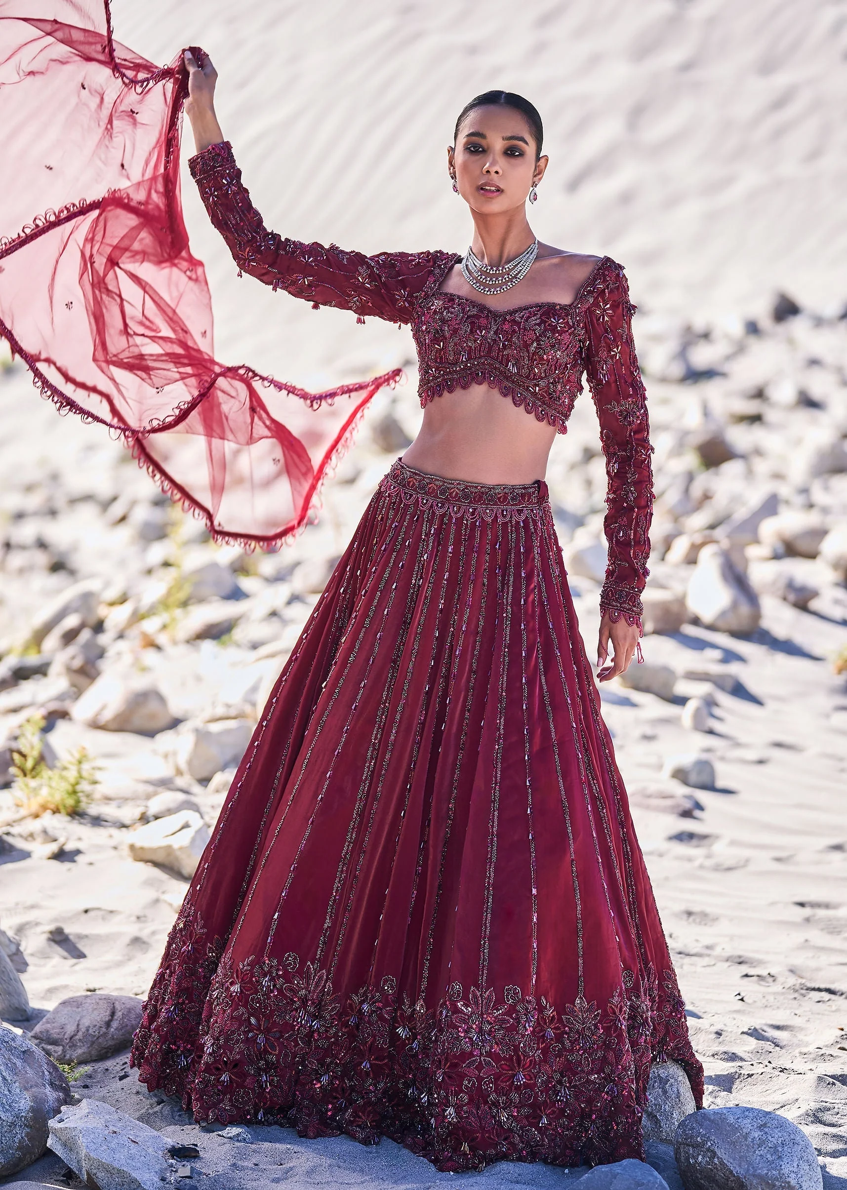 Red Organza Embroidered 12 Kali Lehenga And Blouse With Dupatta - Image 3