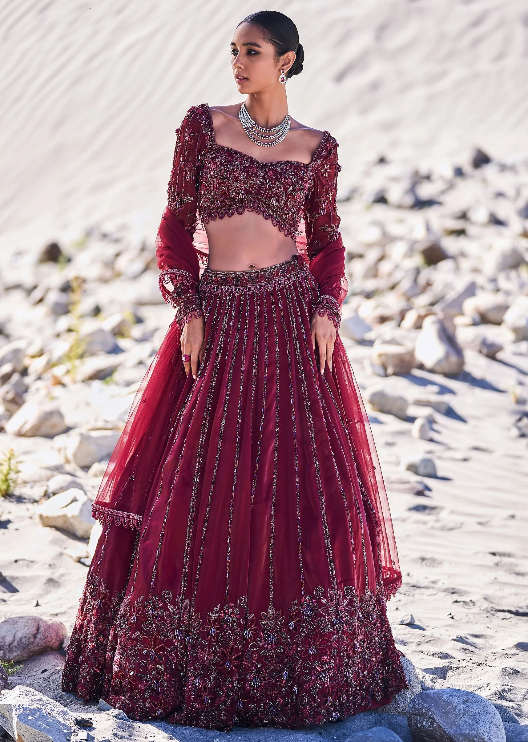 Red Organza Embroidered 12 Kali Lehenga And Blouse With Dupatta - Image 4
