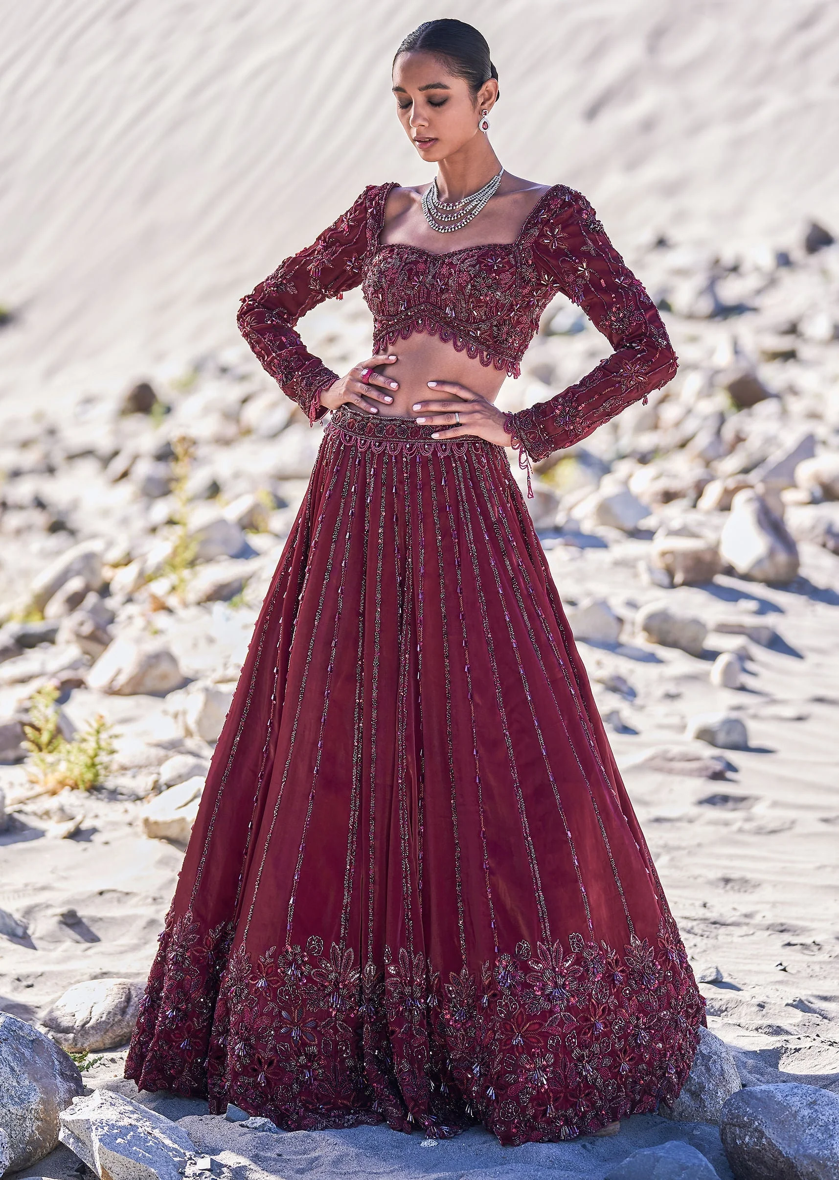 Red Organza Embroidered 12 Kali Lehenga And Blouse With Dupatta - Image 5
