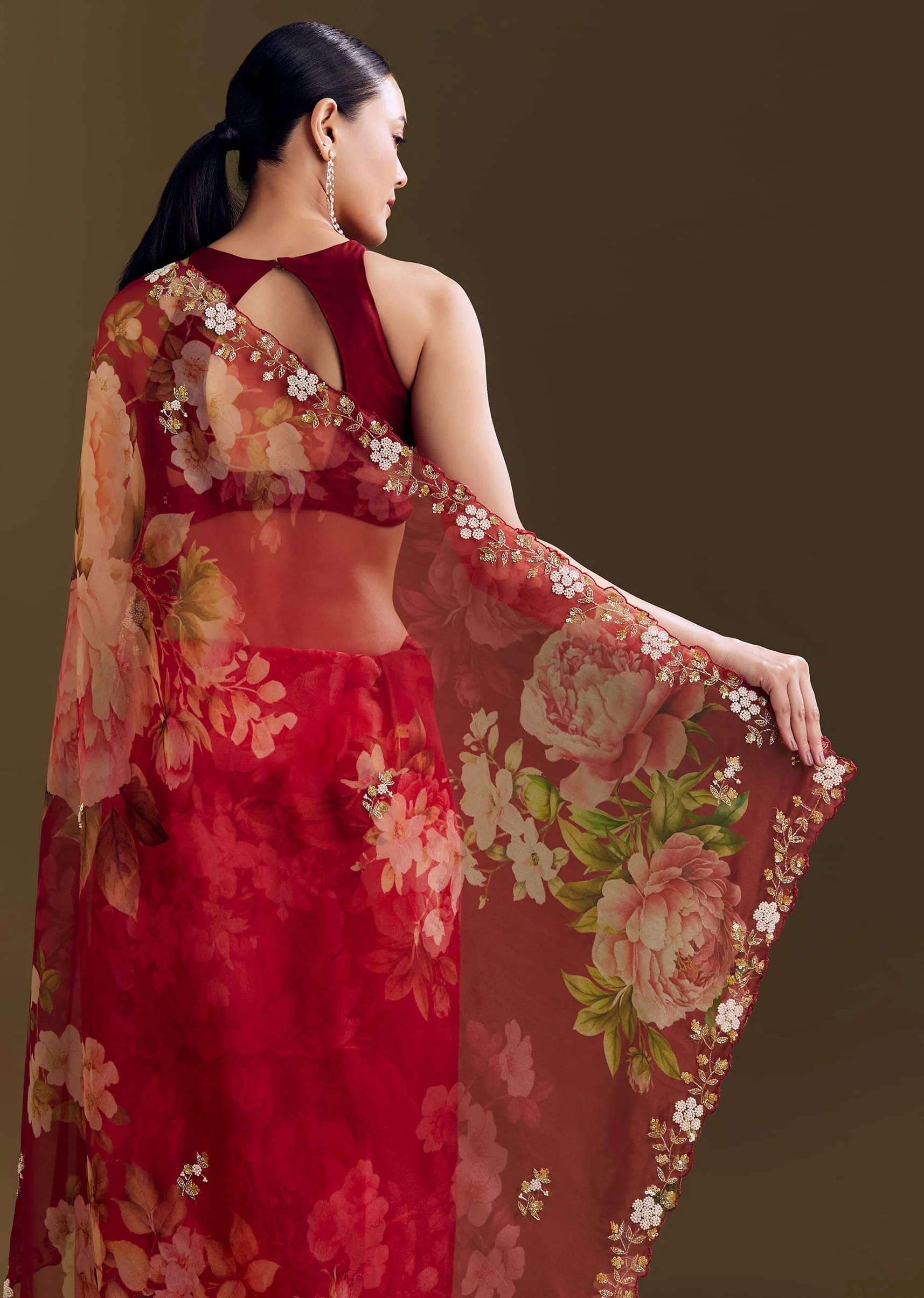 Red Organza Saree With Florals And Cutdana Border - Image 4