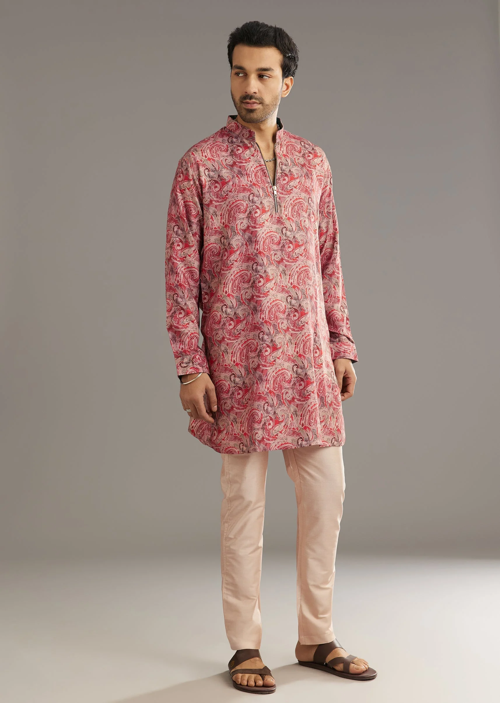 Red Pashmina Silk Zipper Kurta Set With Paisley Swirl Print - Image 4