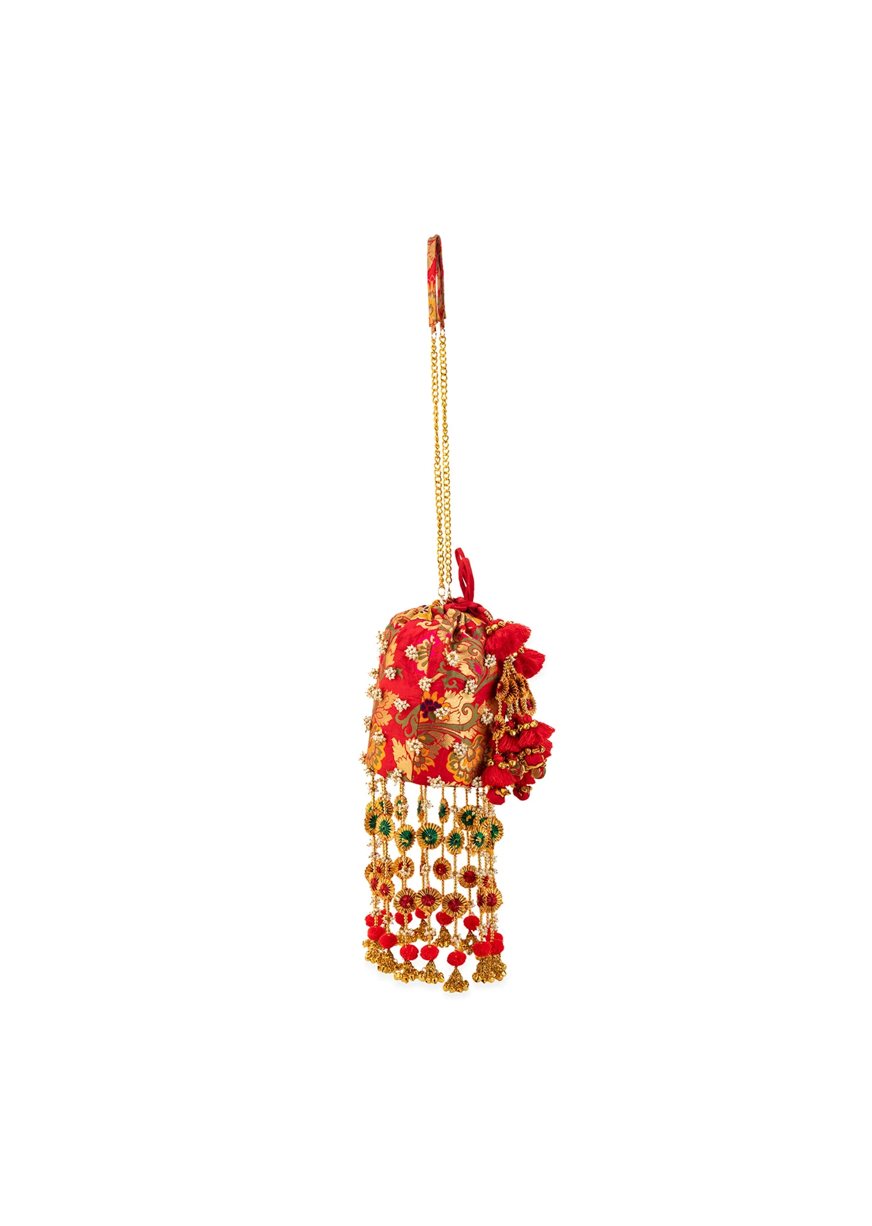 Red Pearl Embellished Layered Pom Pom Tassel Potli Bag - Image 3
