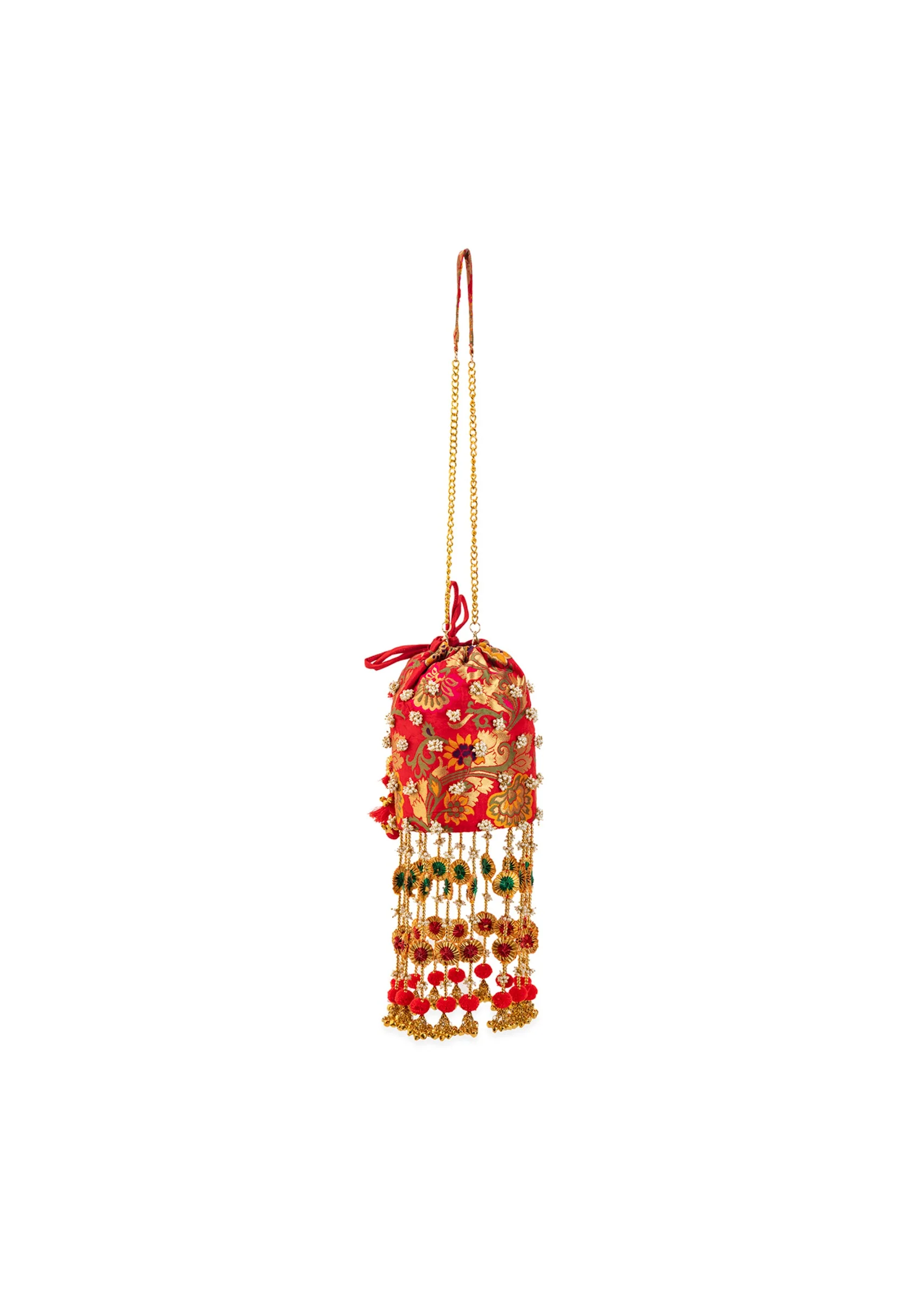 Red Pearl Embellished Layered Pom Pom Tassel Potli Bag - Image 5