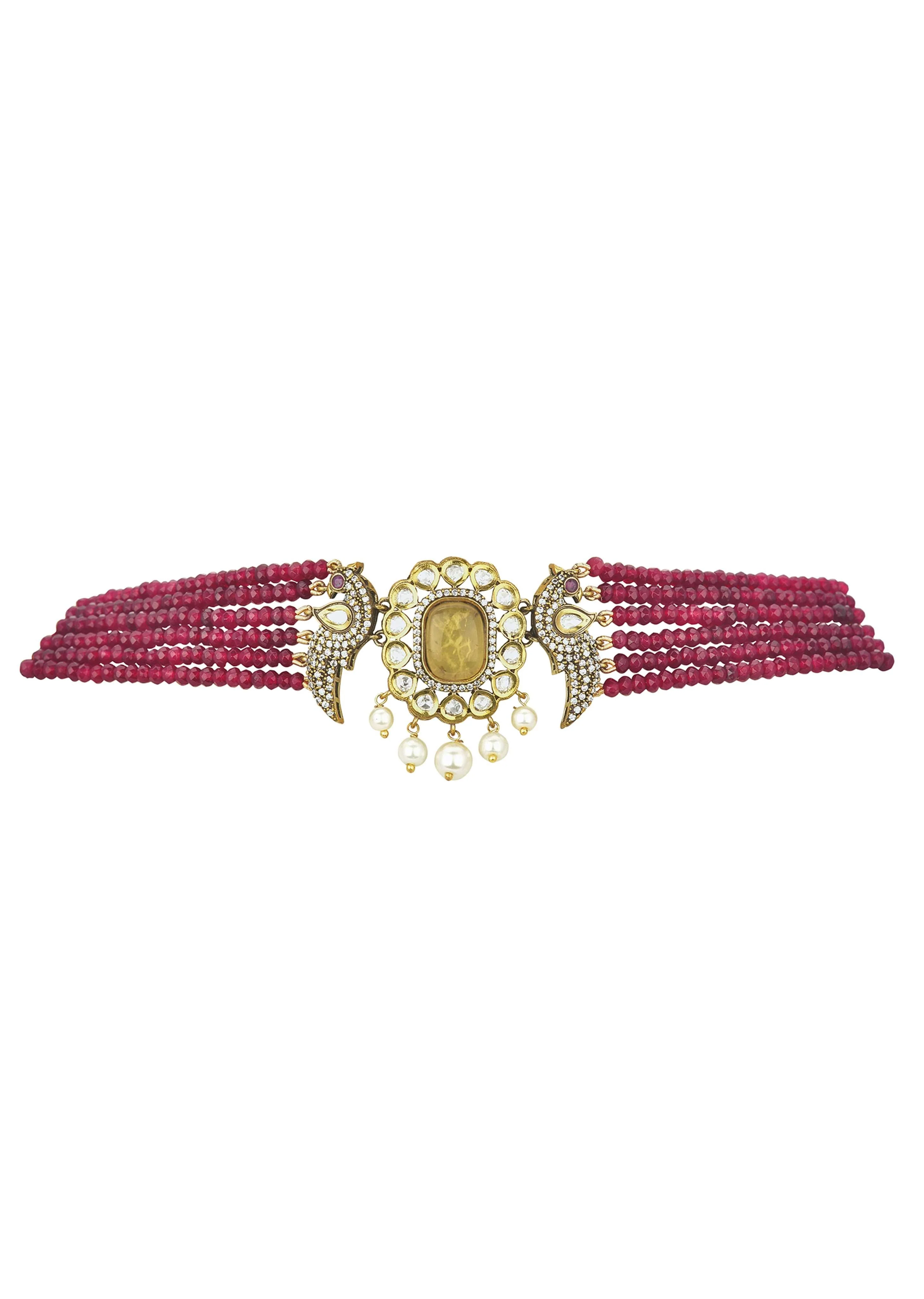 Red Pendant Beaded Choker Set With Floral Motif - Image 5