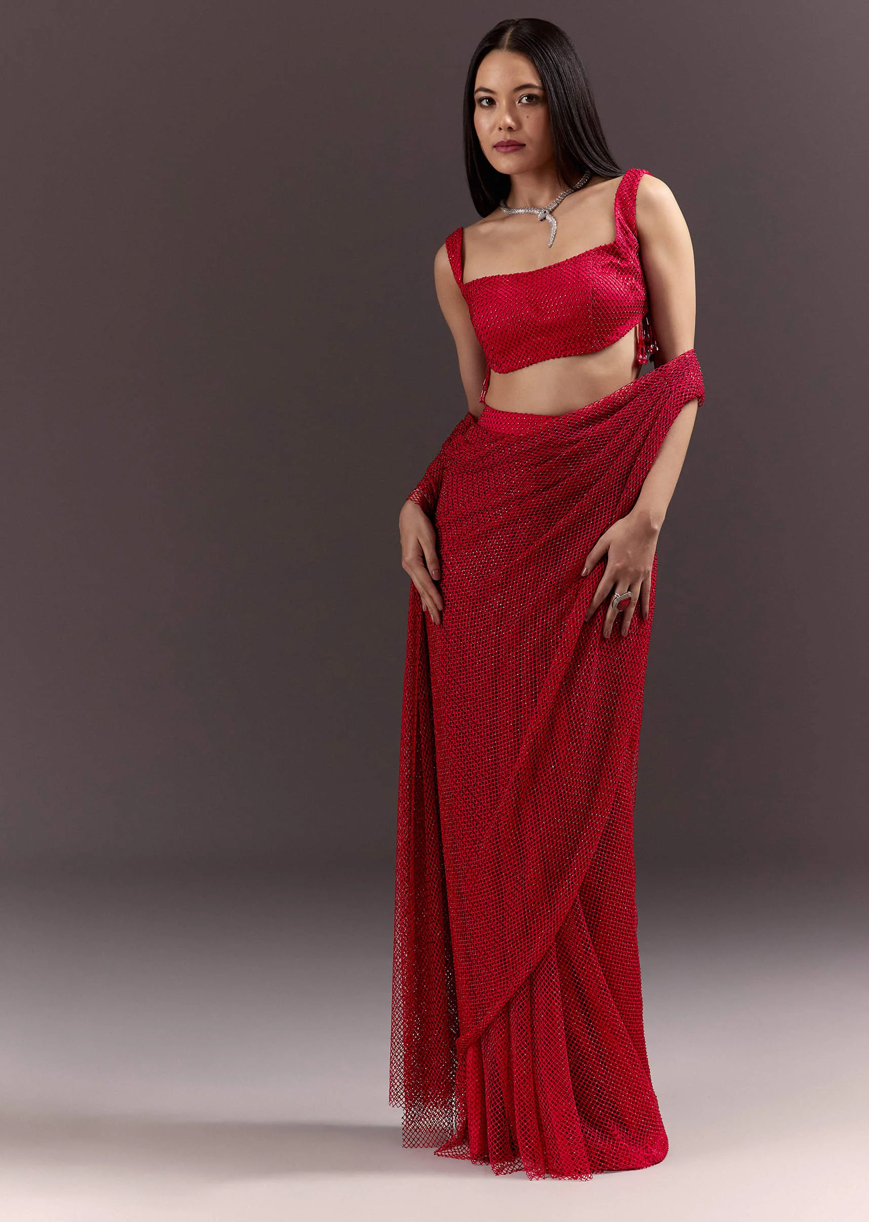 Red Pre Draped Crystal Embroidered Saree