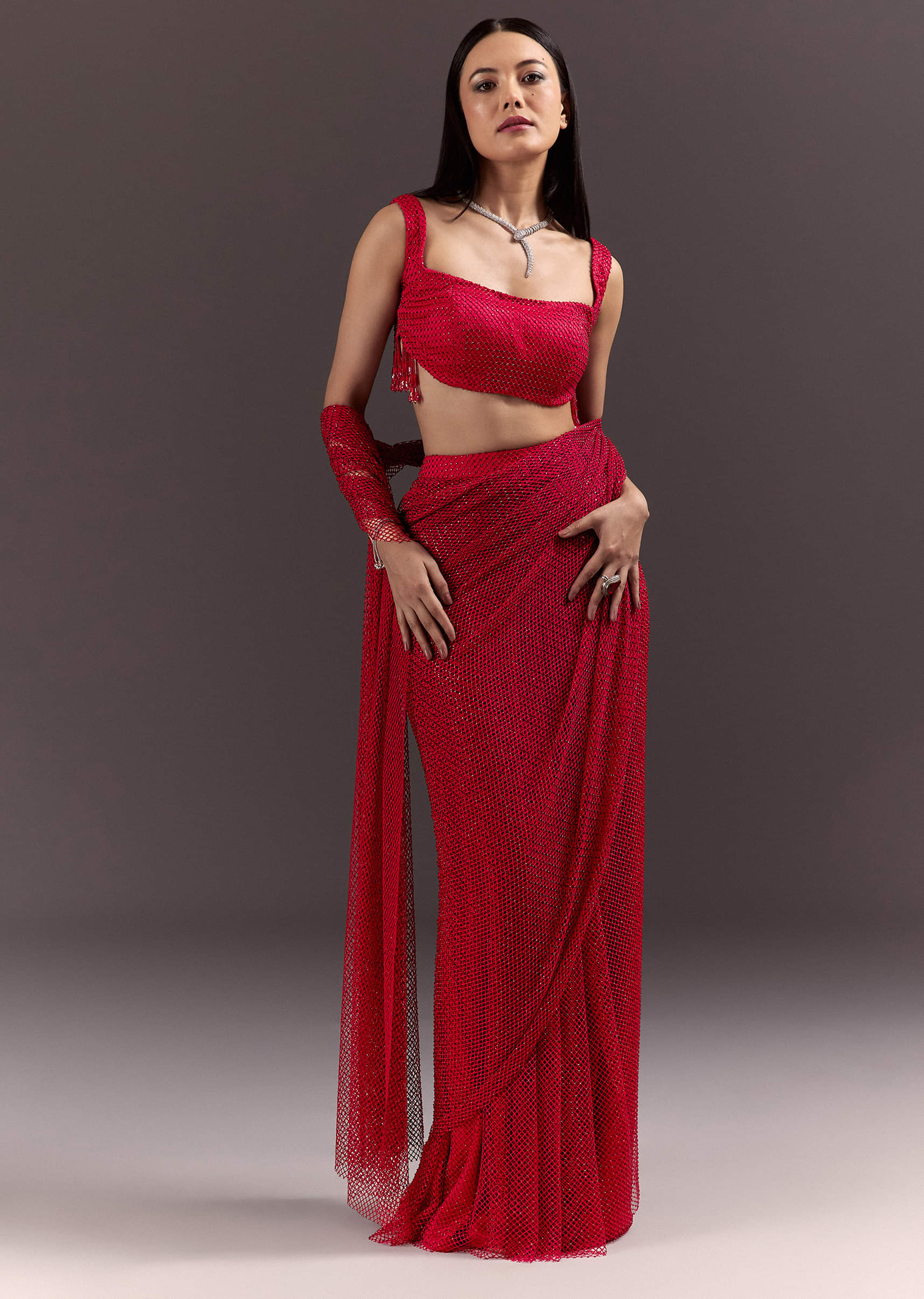Red Pre Draped Crystal Embroidered Saree - Image 4