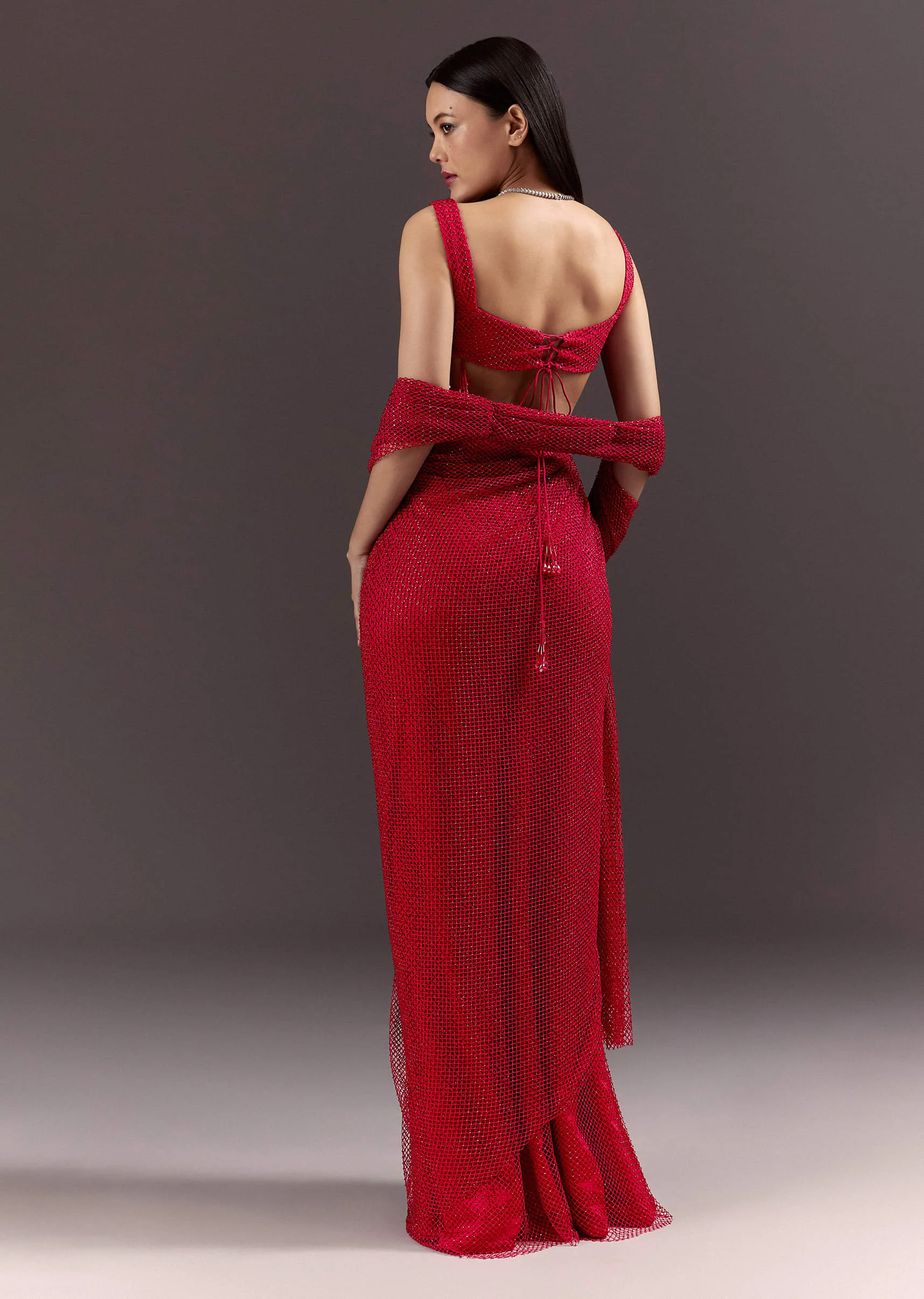 Red Pre Draped Crystal Embroidered Saree - Image 5