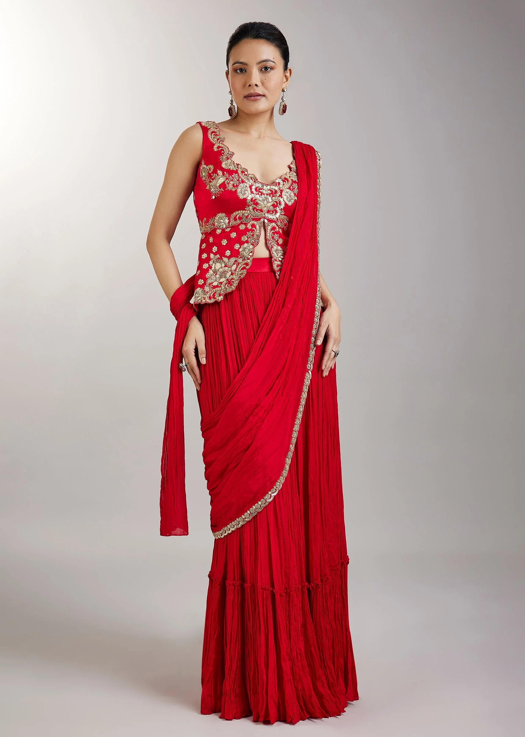 Red Pre Draped Saree With Zardosi Blouse - Image 3
