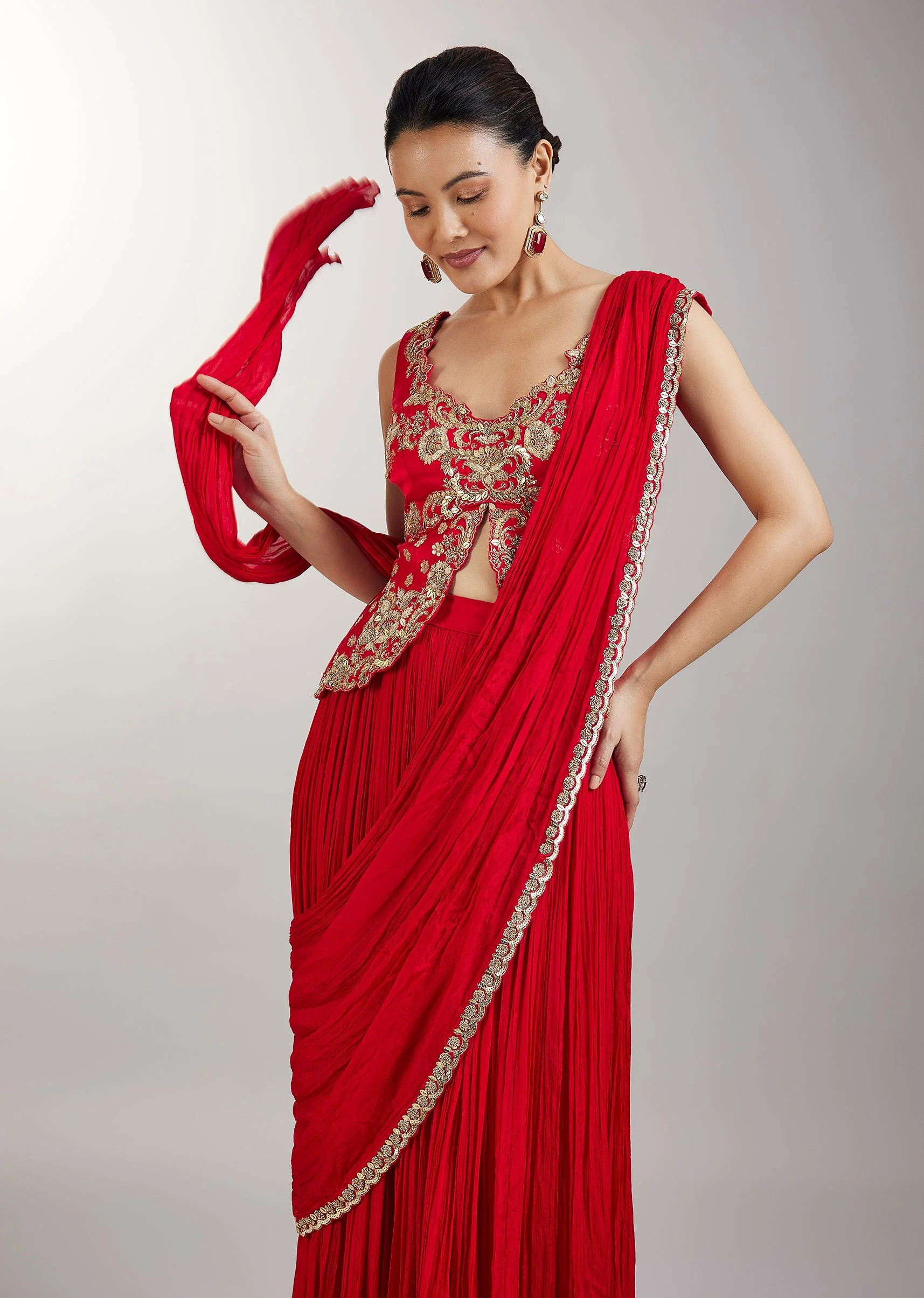 Red Pre Draped Saree With Zardosi Blouse - Image 5