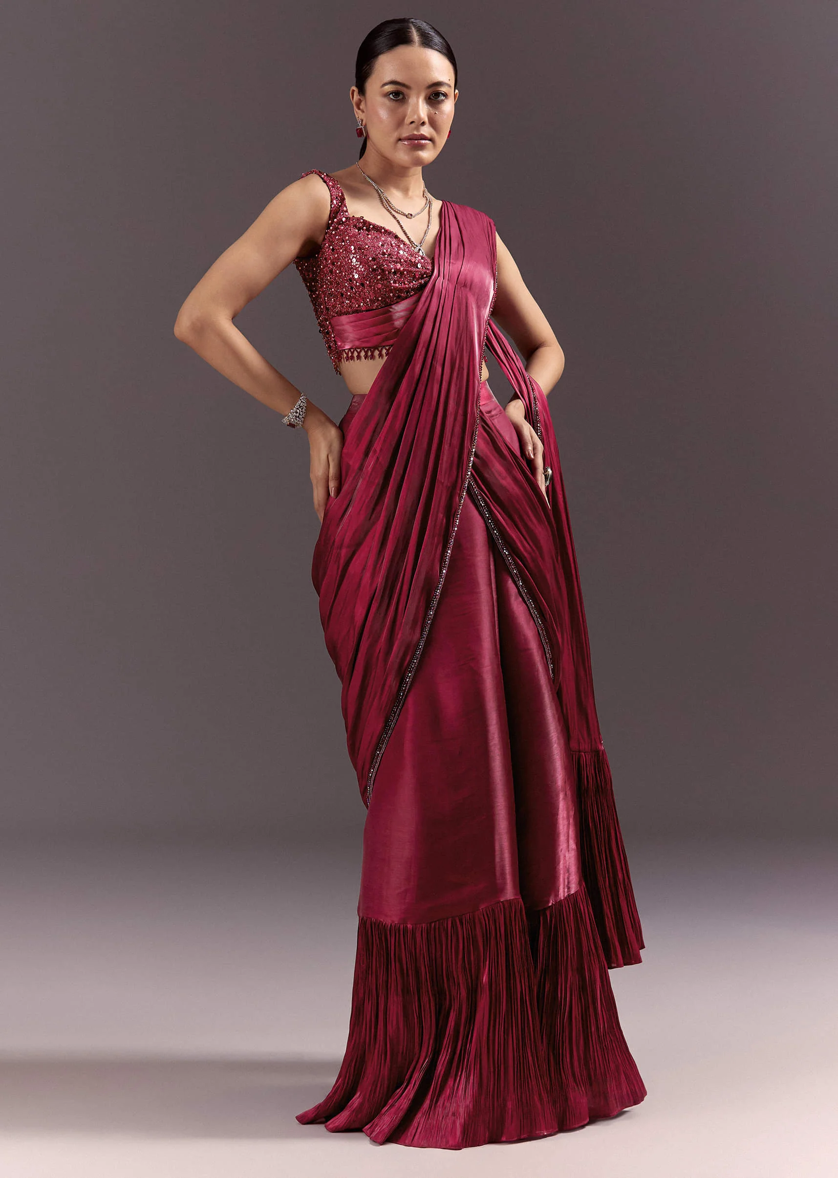 Red Pre Stitched Saree With Sleeveless V Neck Blouse - Image 3