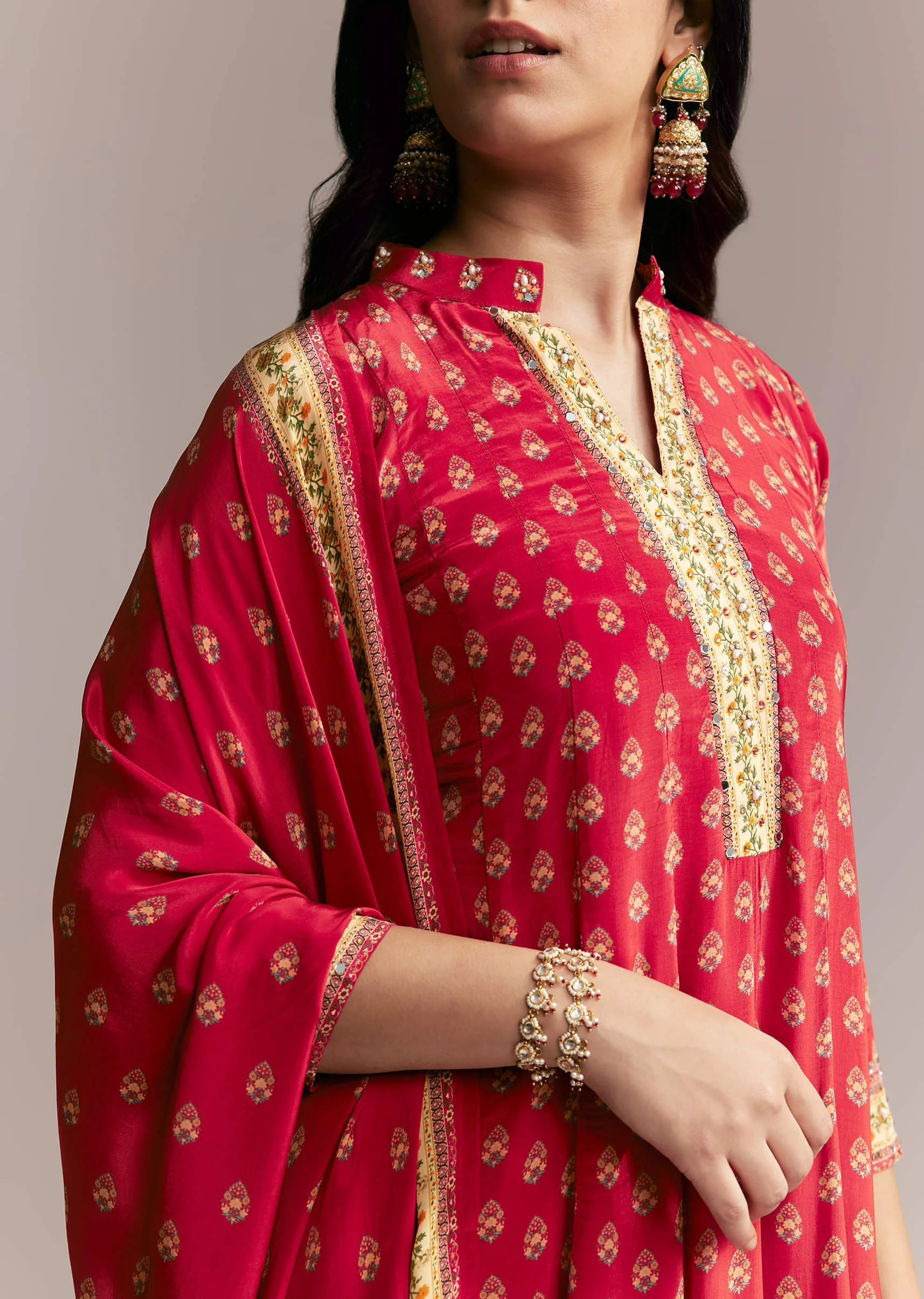 Red Printed Crepe Anarkali Set - Image 2