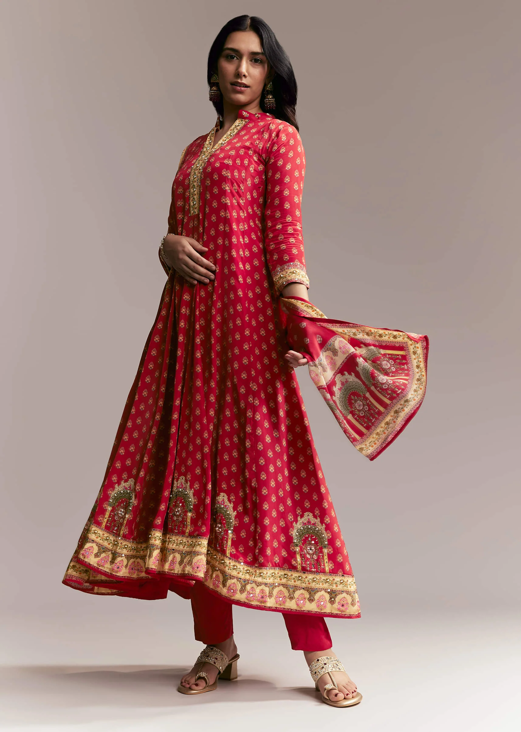 Red Printed Crepe Anarkali Set - Image 3