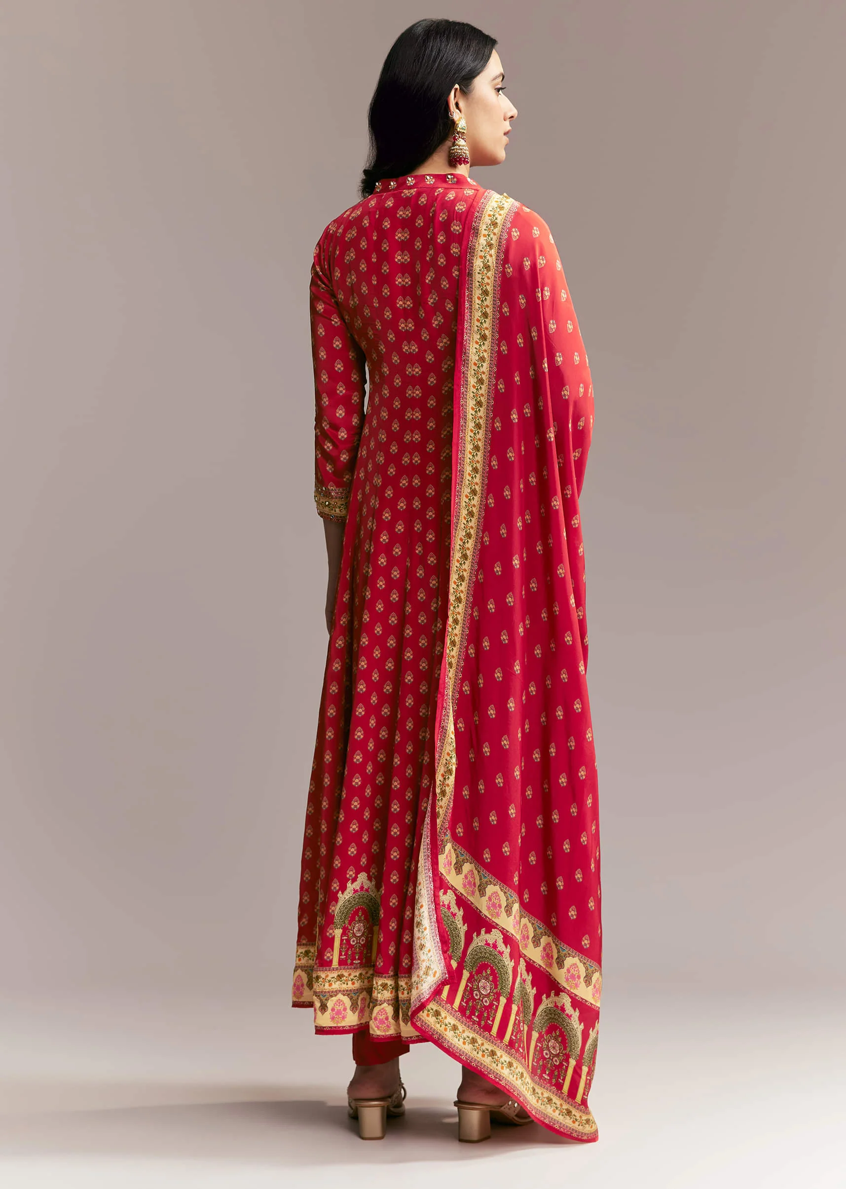Red Printed Crepe Anarkali Set - Image 4
