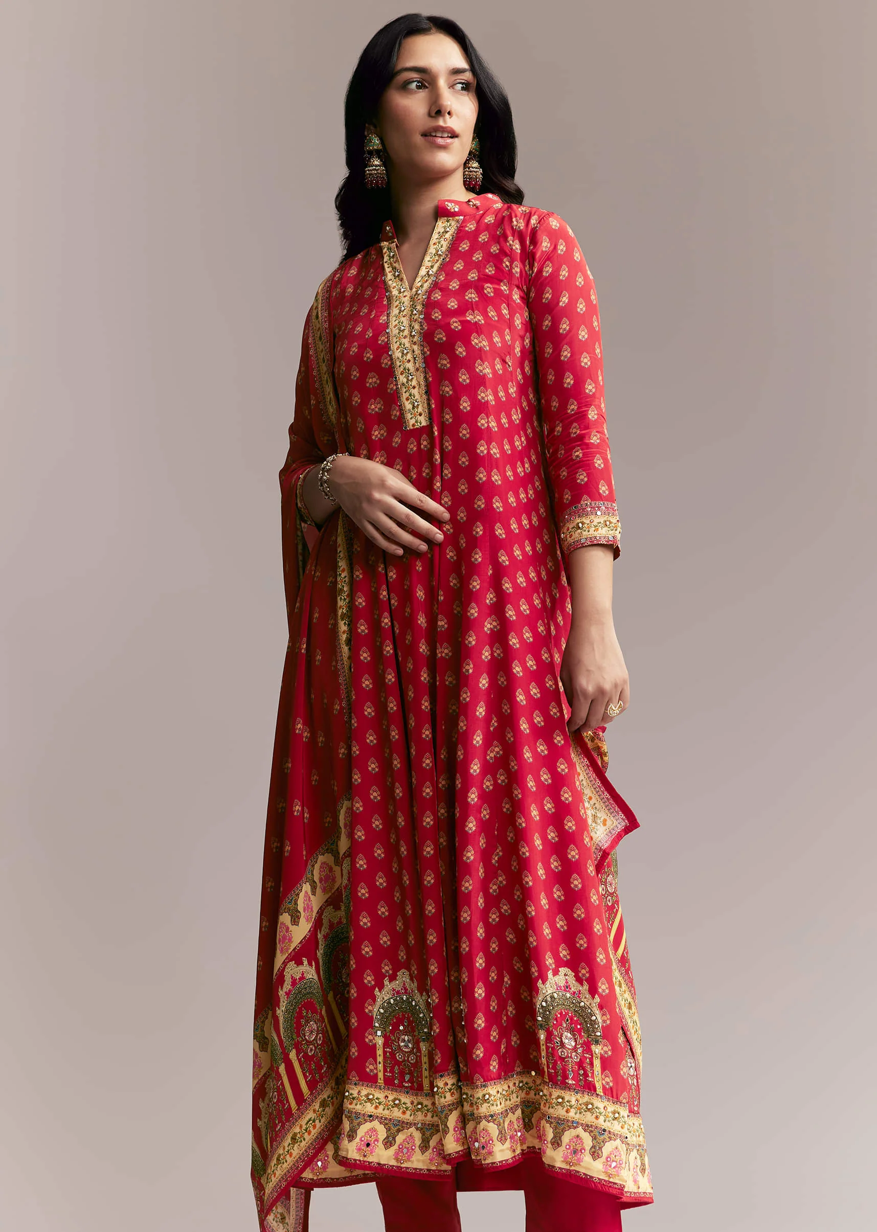 Red Printed Crepe Anarkali Set - Image 5
