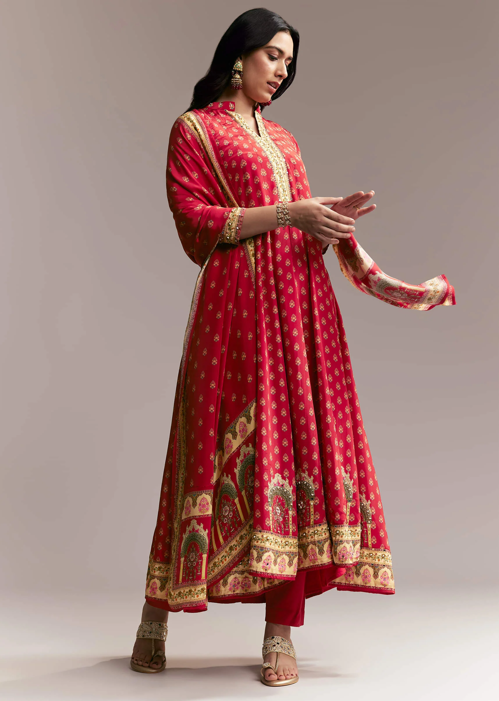 Red Printed Crepe Anarkali Set - Image 7