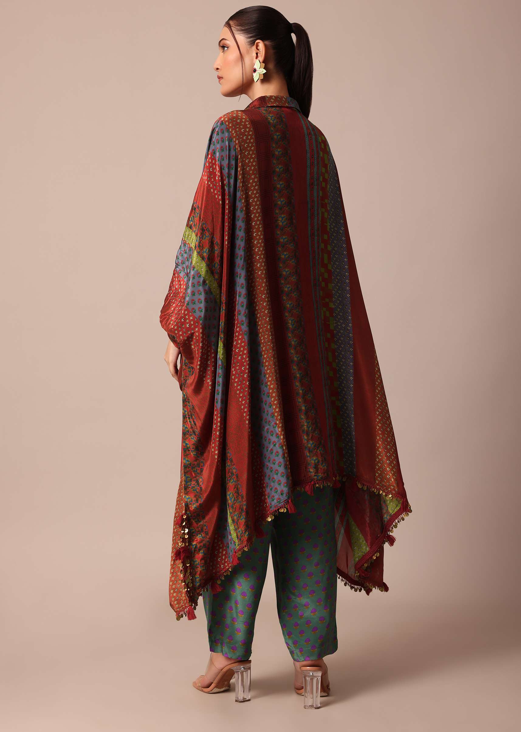 Red Printed Kaftaan Set With Resham And Metal Coin Detailing - Image 4