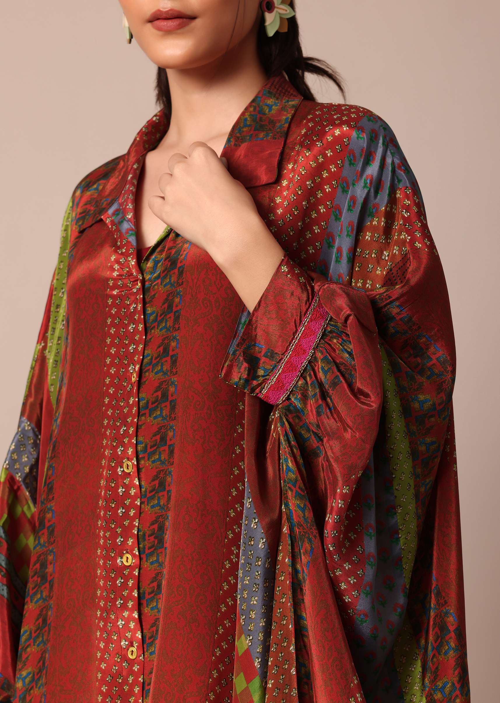 Red Printed Kaftaan Set With Resham And Metal Coin Detailing - Image 5