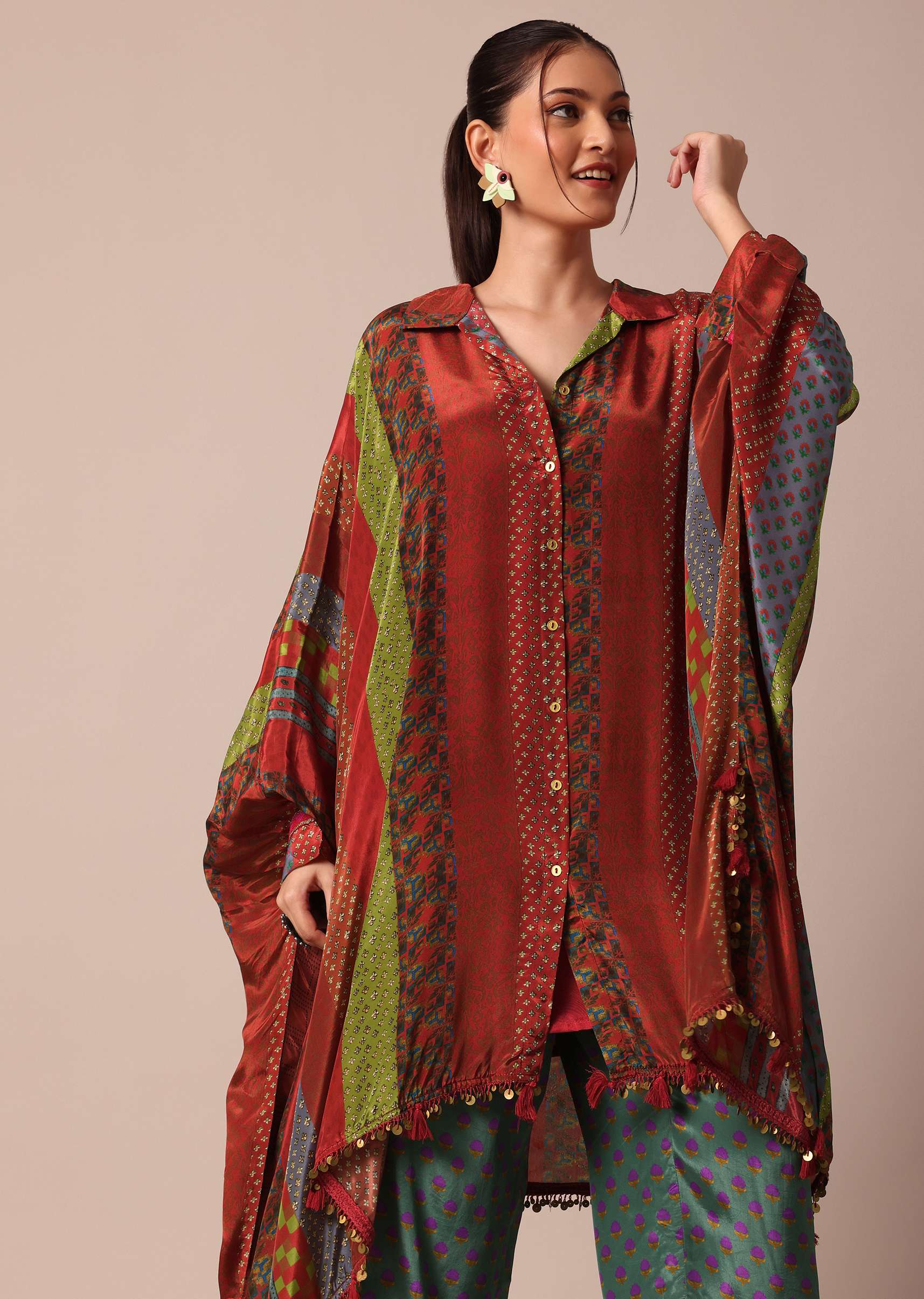 Red Printed Kaftaan Set With Resham And Metal Coin Detailing - Image 6