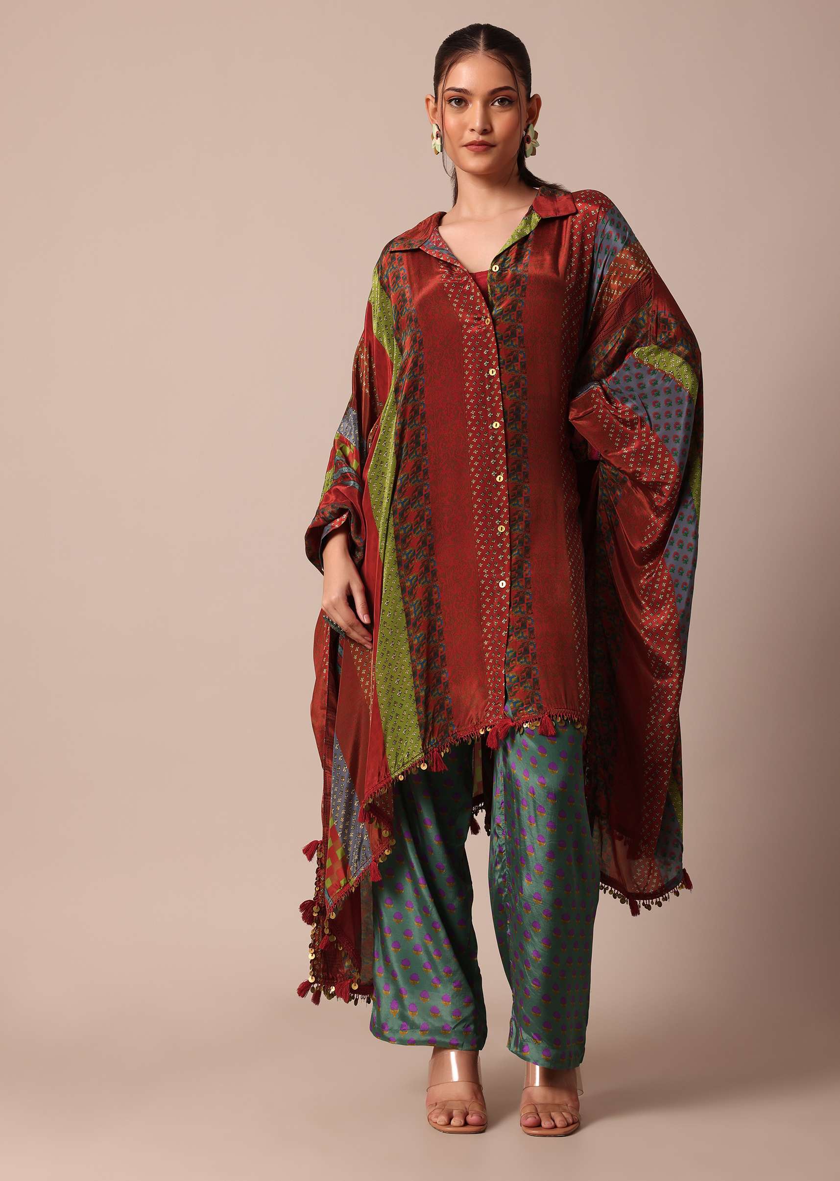 Red Printed Kaftaan Set With Resham And Metal Coin Detailing - Image 7