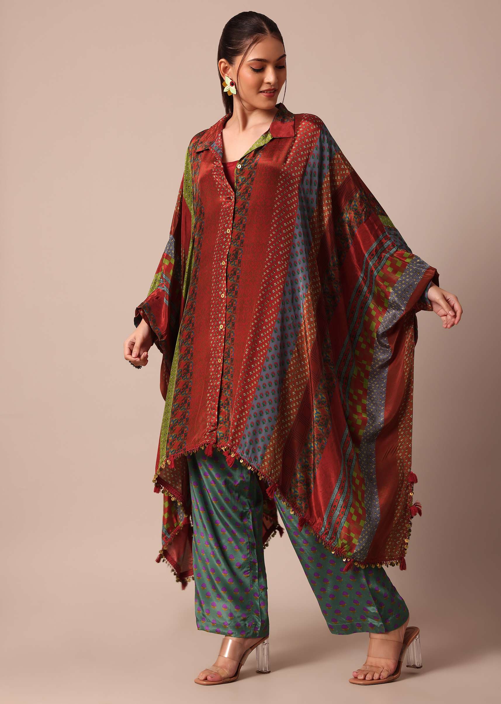 Red Printed Kaftaan Set With Resham And Metal Coin Detailing - Image 8