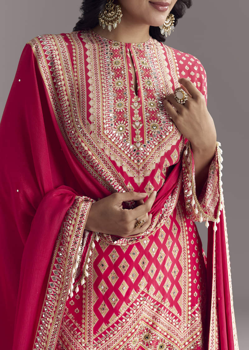 Red Printed Sharara Set - Image 2