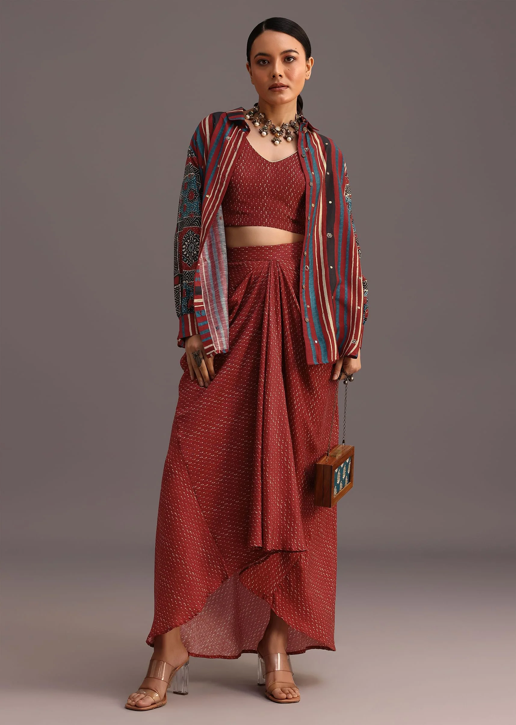 Red Ajrakh Printed Shirt And Croptop With Draped Skirt - Image 3