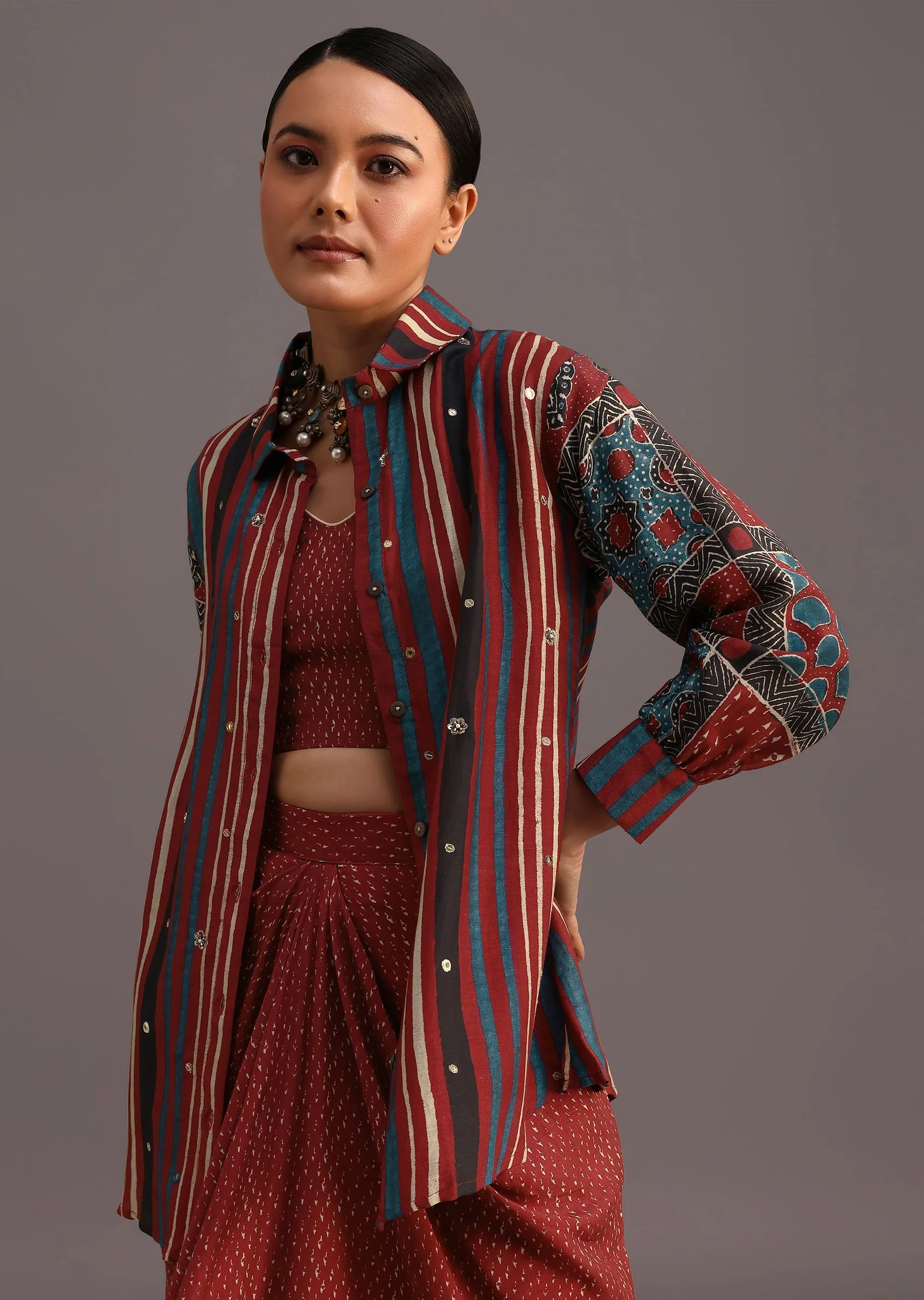 Red Ajrakh Printed Shirt And Croptop With Draped Skirt - Image 4